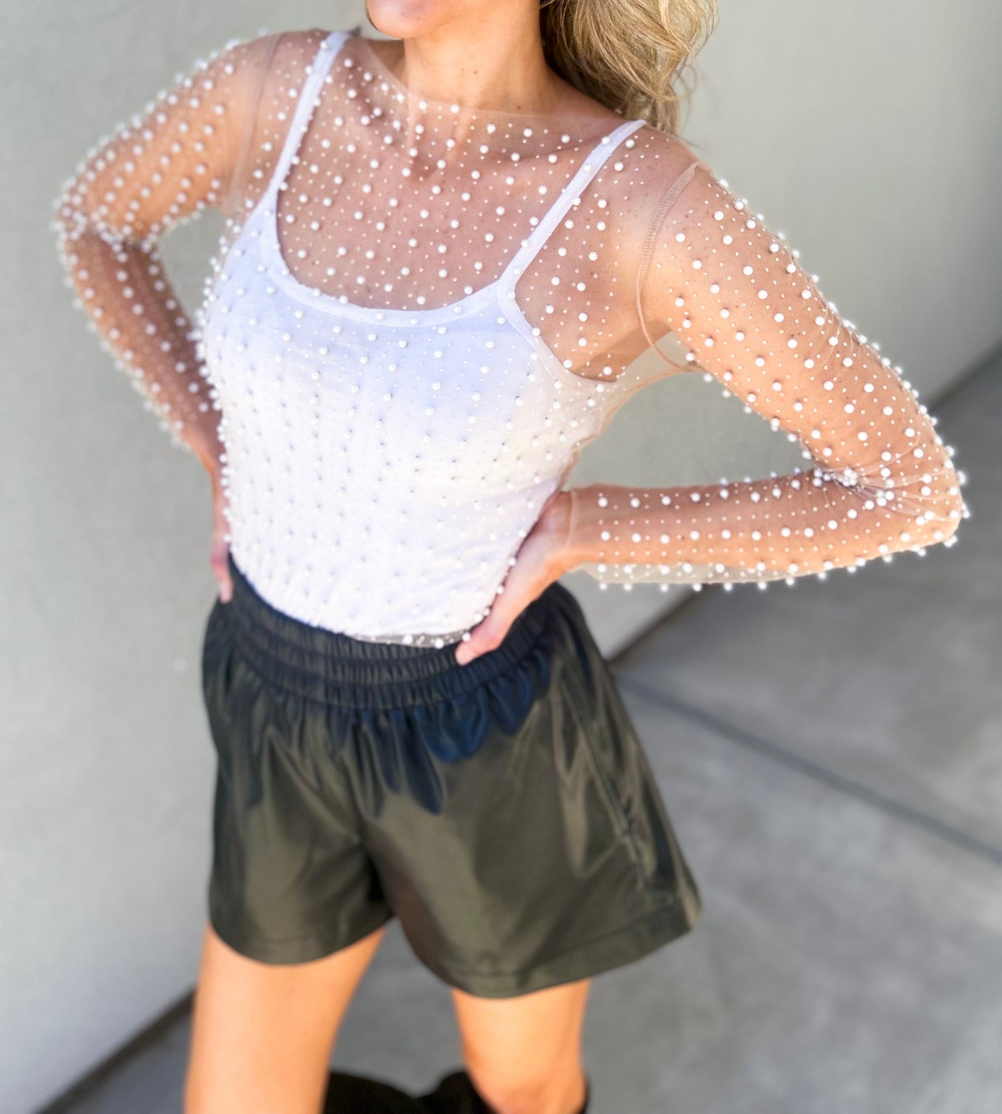 Nicki Rhinestone Pearl Long Sleeve Mesh top