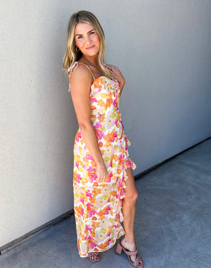 Jasmin Chiffon Asymmetric Floral Maxi Dress