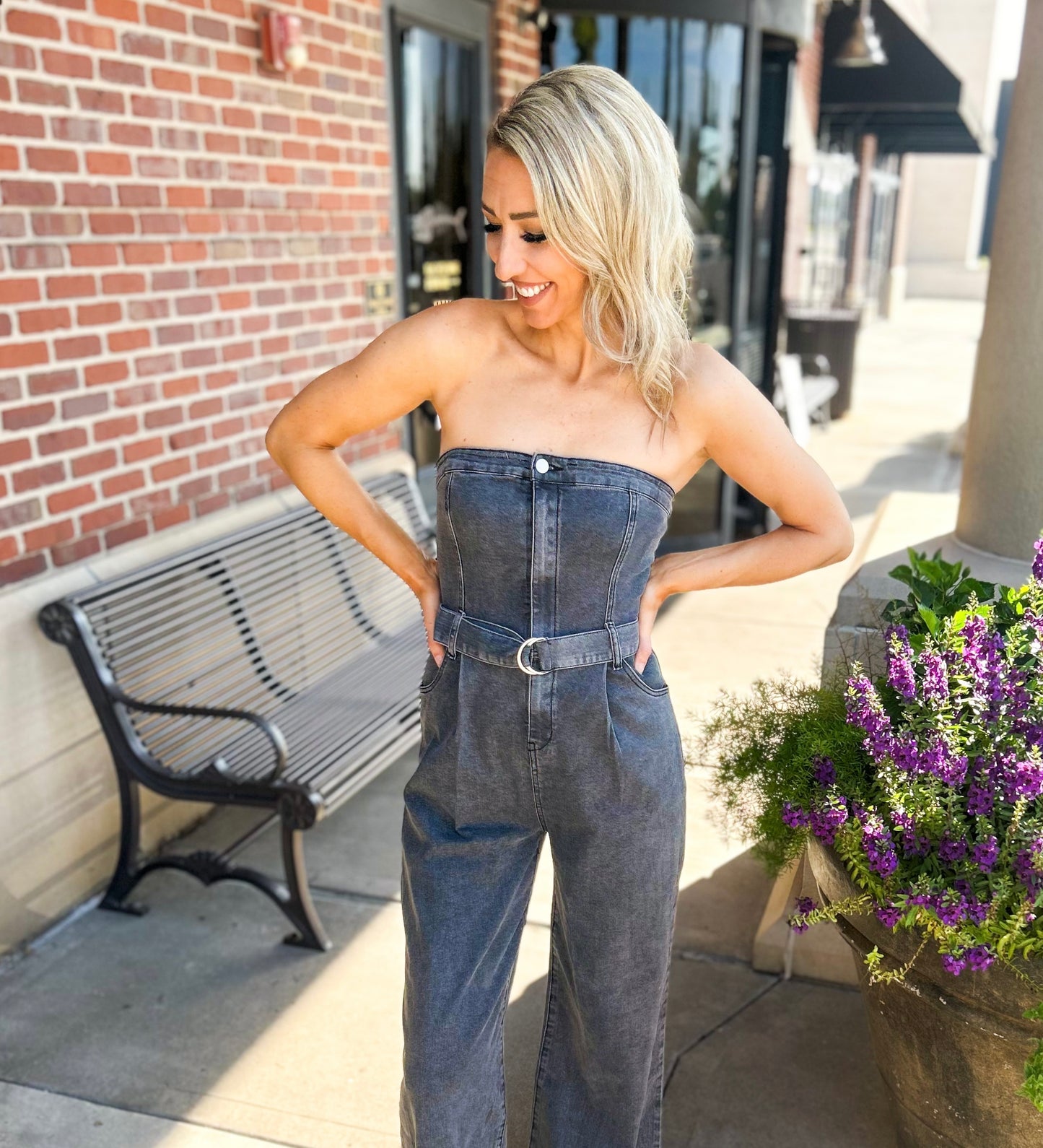 Reeva Strapless Belted Stretch Denim Jumpsuit