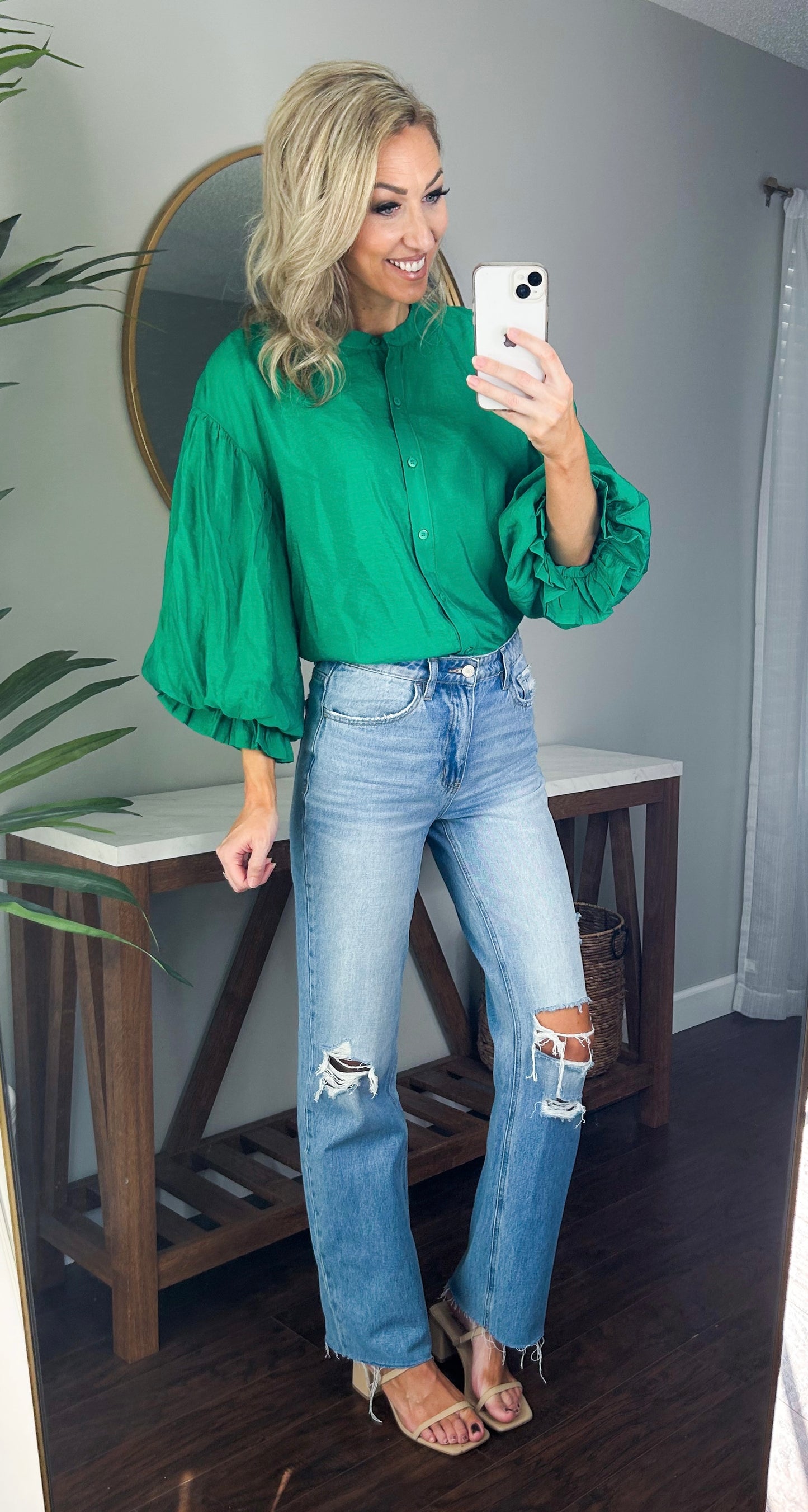 Mandy Bubble Sleeve Button Down Oversized Top (Kelly Green)