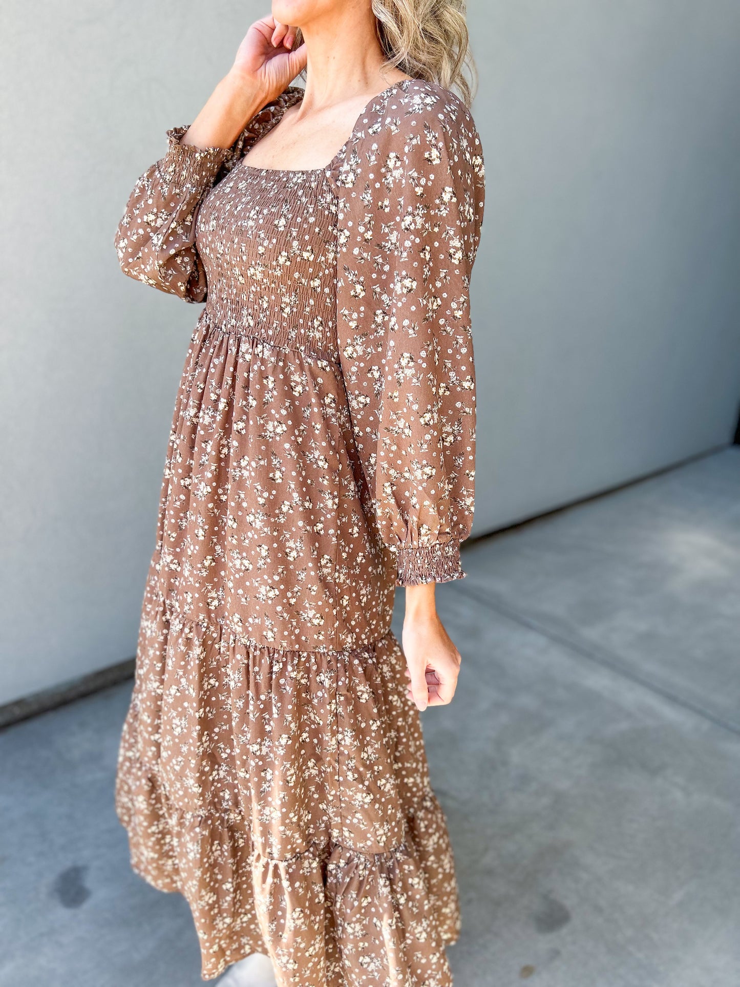 Romantic Floral Square Neck Smocked Chest Maxi Dress