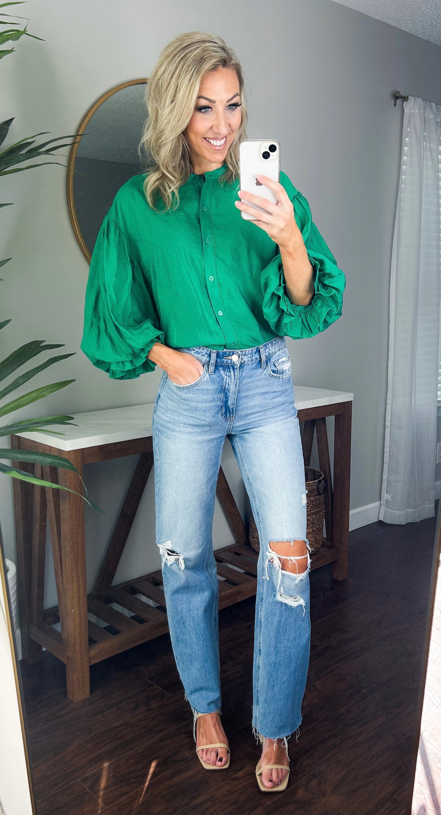 Mandy Bubble Sleeve Button Down Oversized Top (Kelly Green)