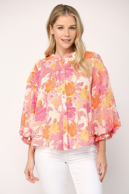 Mandy Bubble Sleeve Button Down Oversized Top (Pink)
