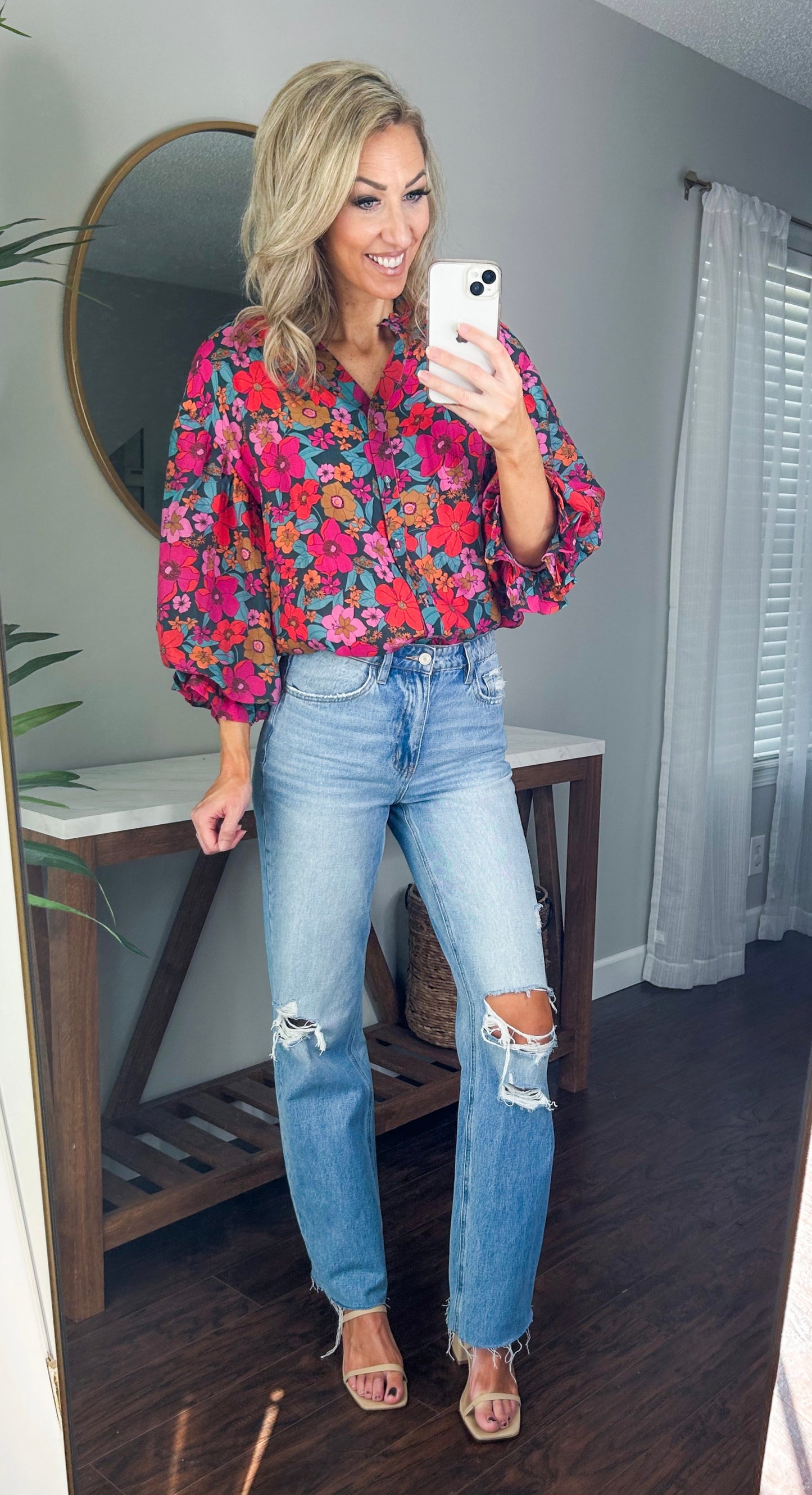 Mandy Bubble Sleeve Button Down Oversized Top (Multi)