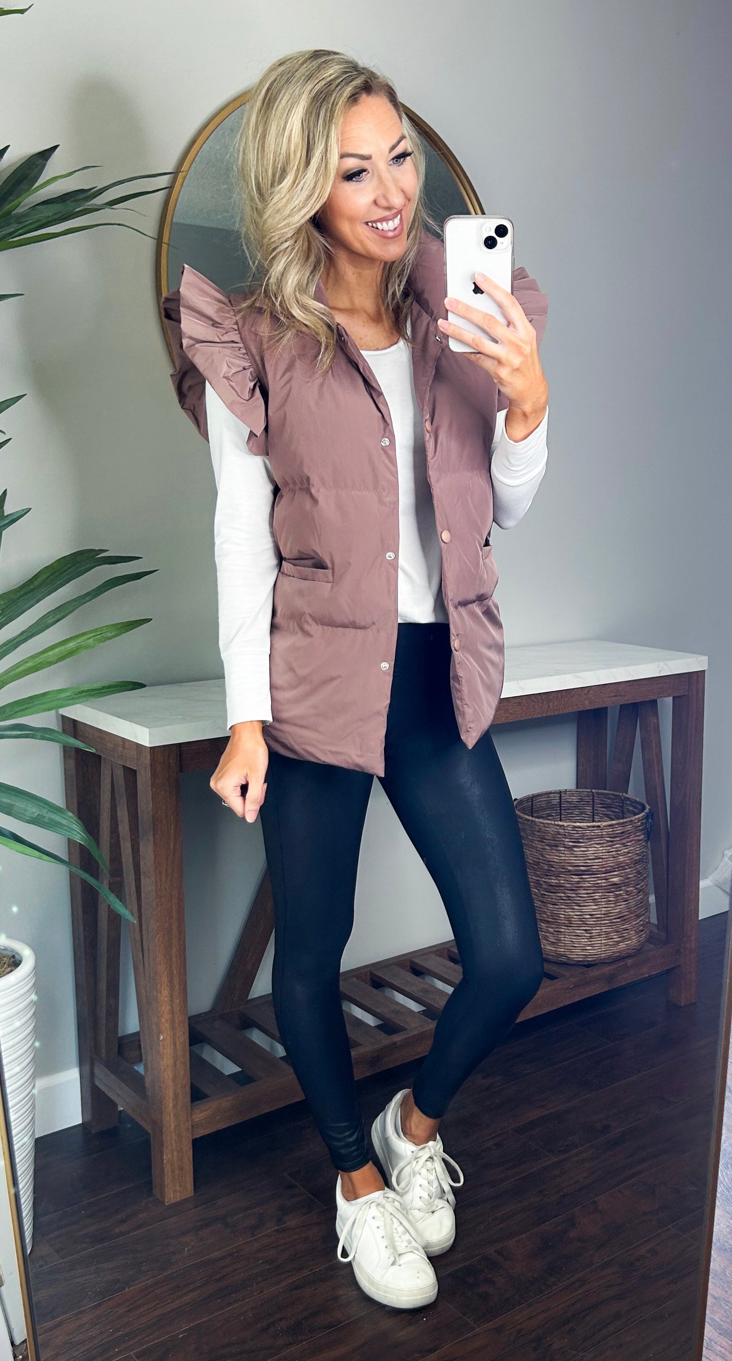Remi Ruffle Sleeve Oversized Down Vest (Dark Mauve)