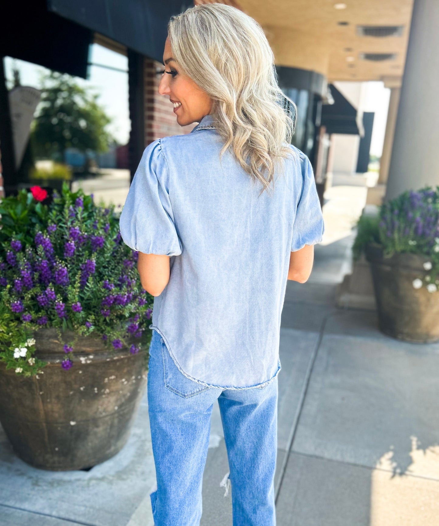 Kane Puff Sleeve Button Down Denim Top