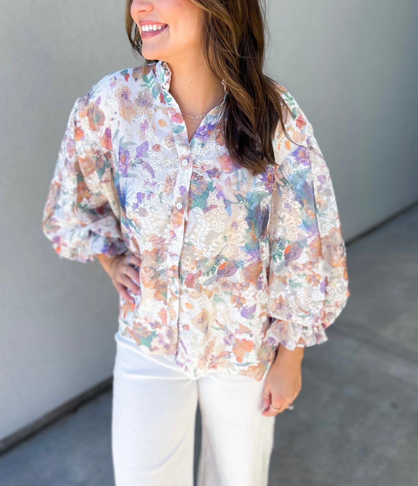Mandy Chiffon Embroidered Bubble Sleeve Button Down Oversized Top