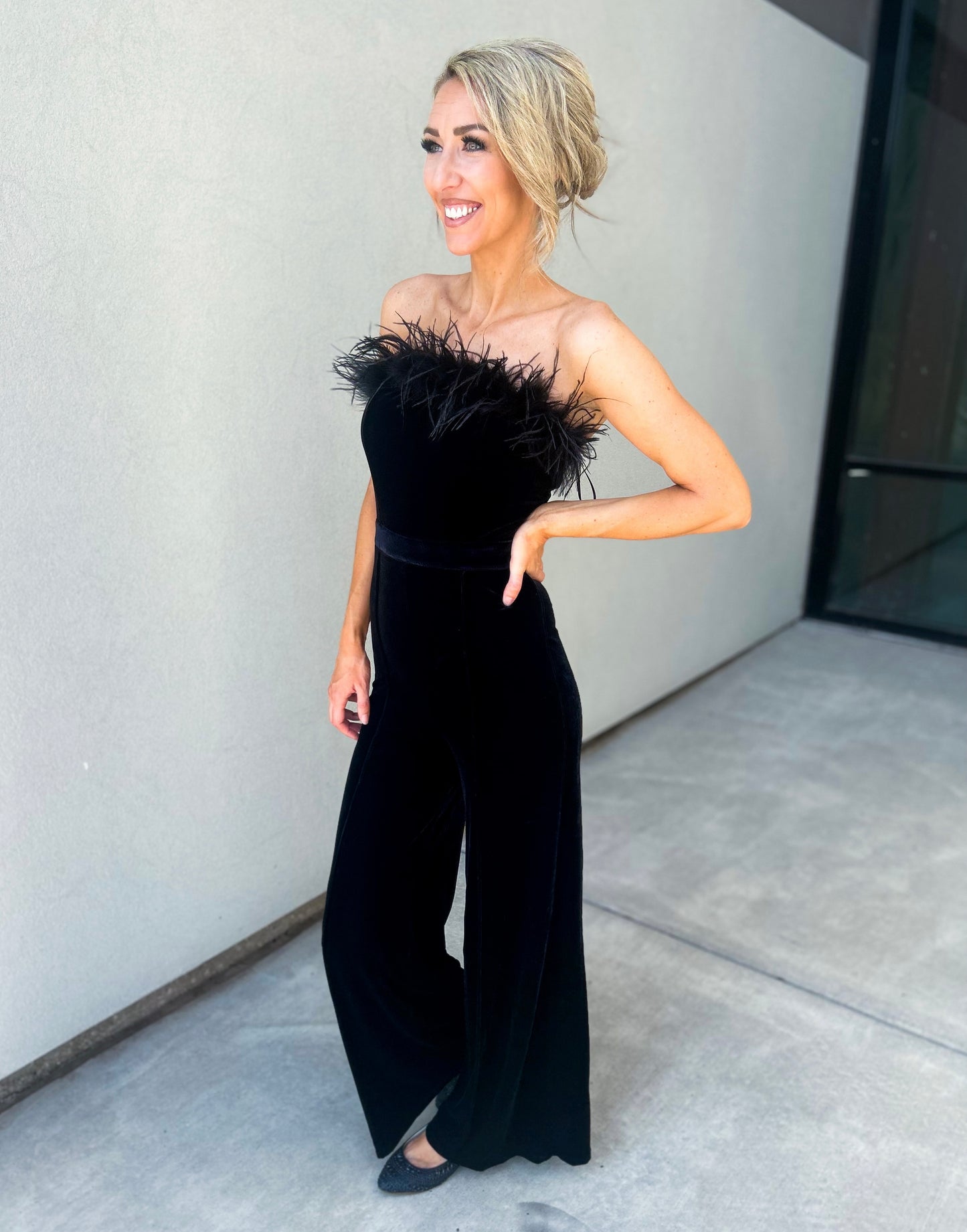 Feather Strapless Wide Leg Velvet Jumpsuit