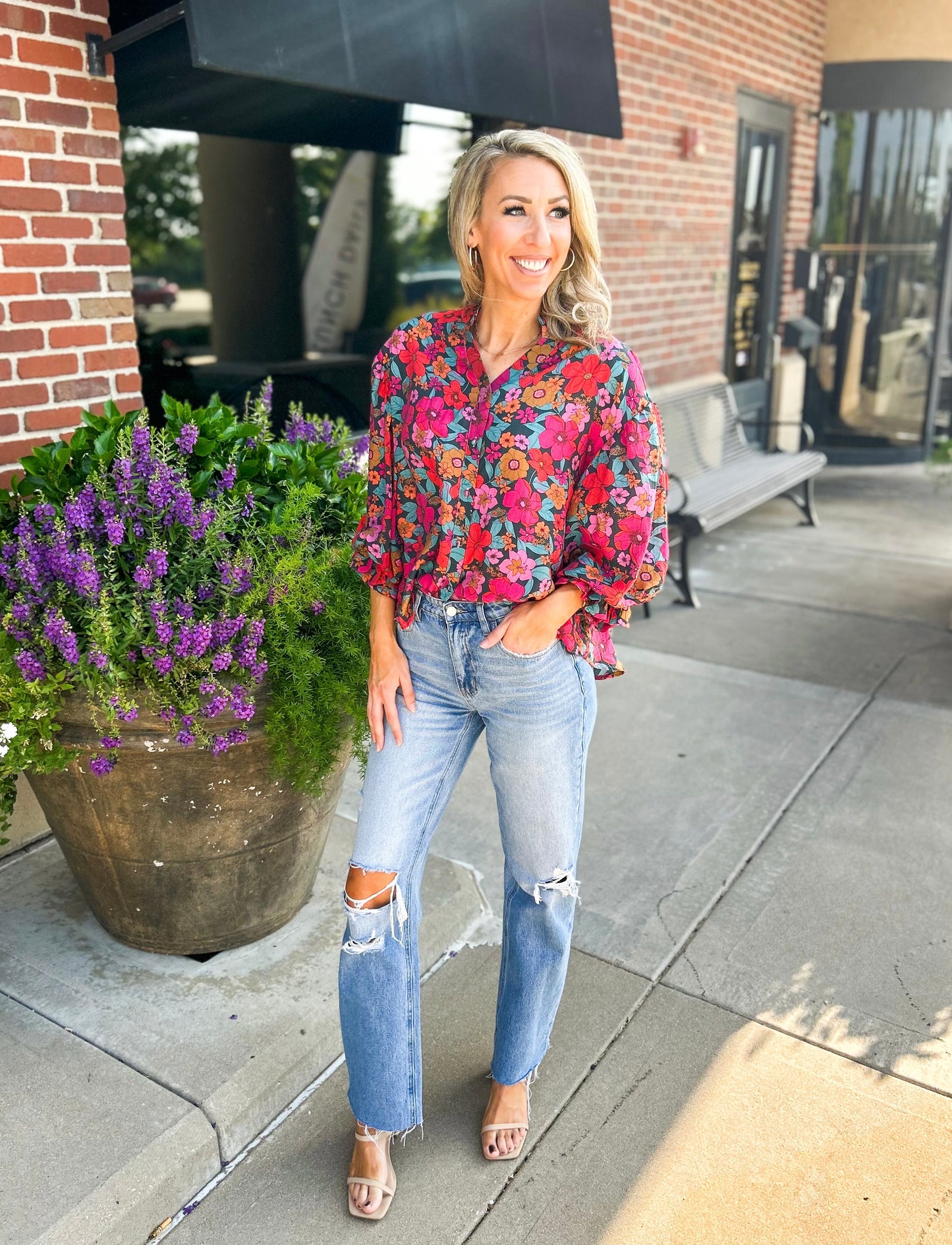 Mandy Bubble Sleeve Button Down Oversized Top (Multi)