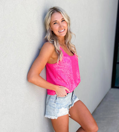 Kels Sequin Cropped Tank Top (Hot Pink)