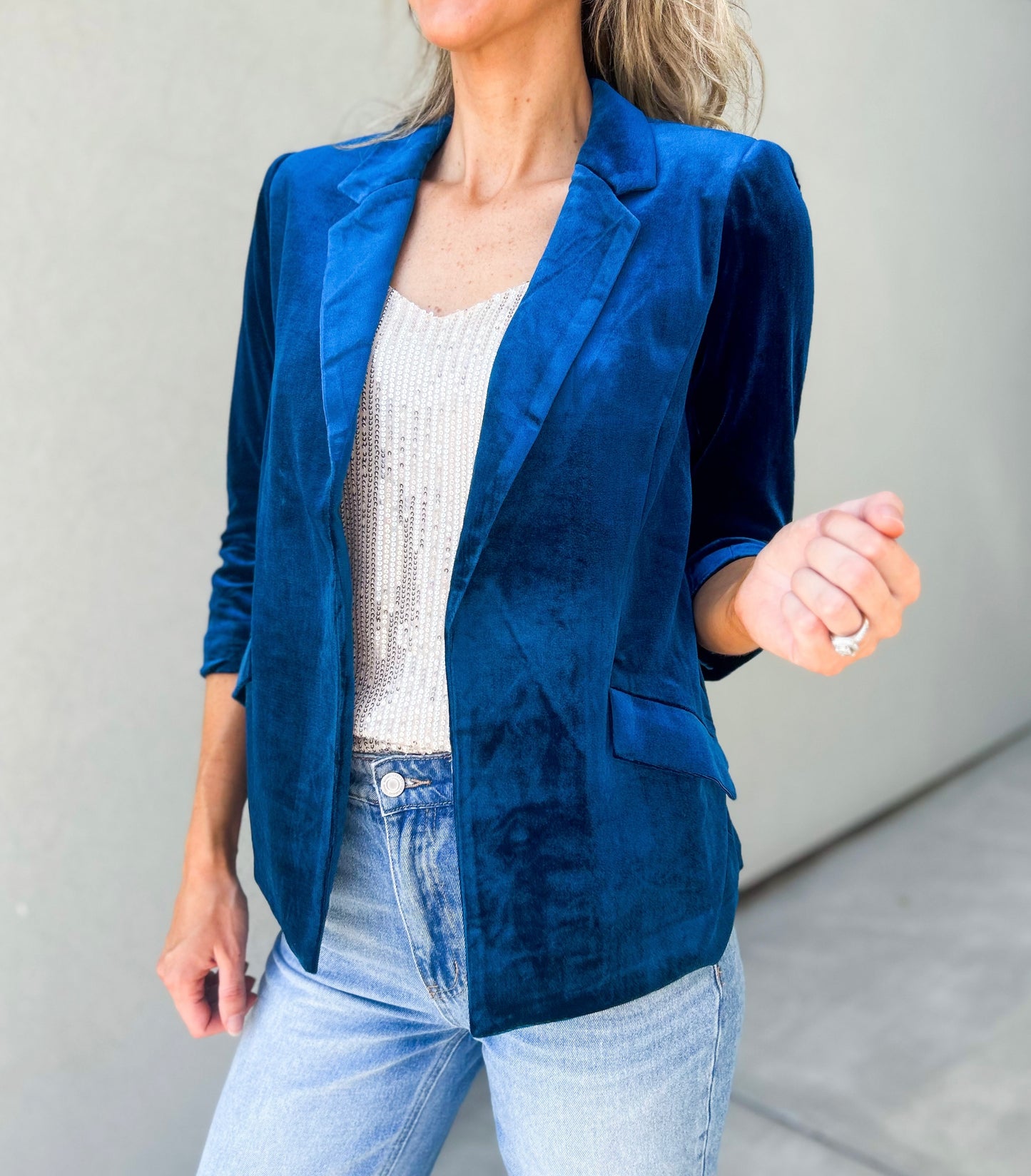 She Knows It Velvet Rouched Sleeve Blazer (Dark Teal Blue)