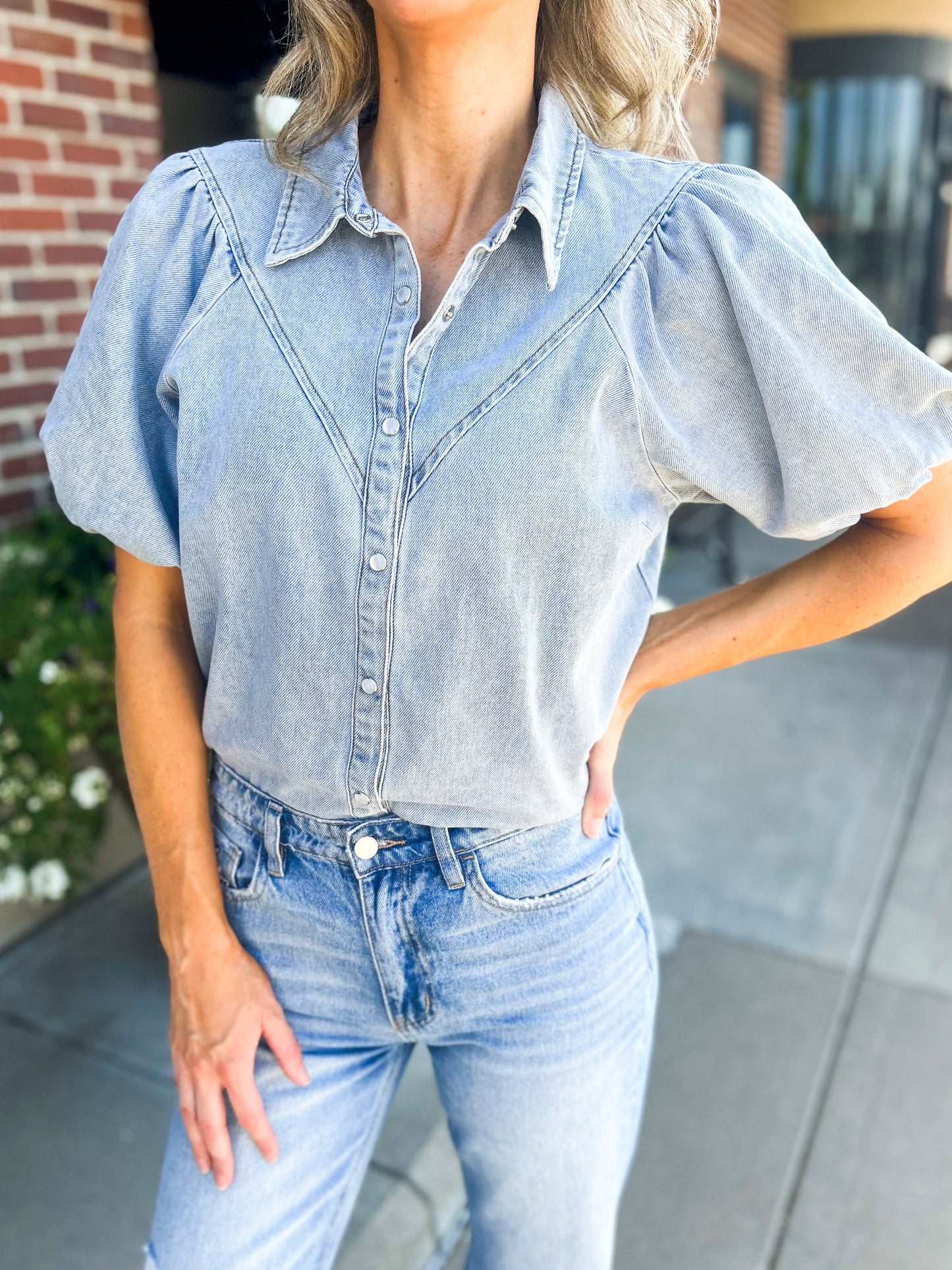 Kane Puff Sleeve Button Down Denim Top