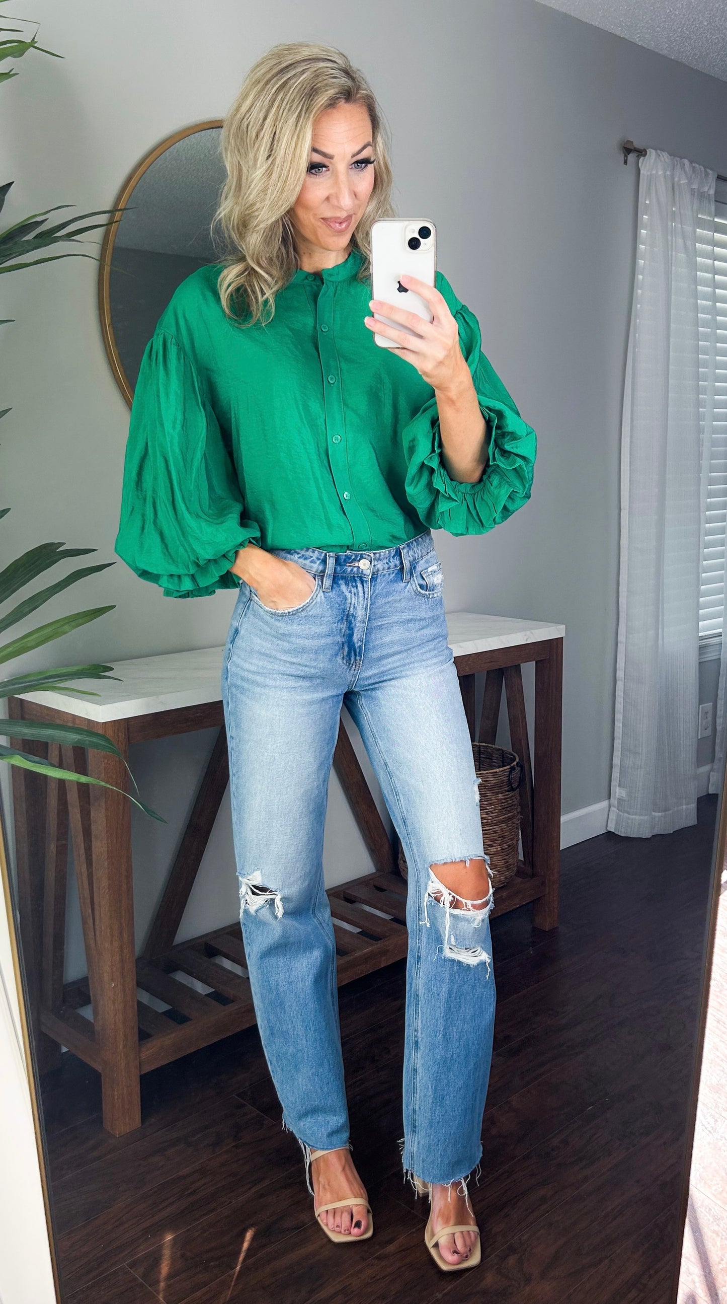 Mandy Bubble Sleeve Button Down Oversized Top (Kelly Green)