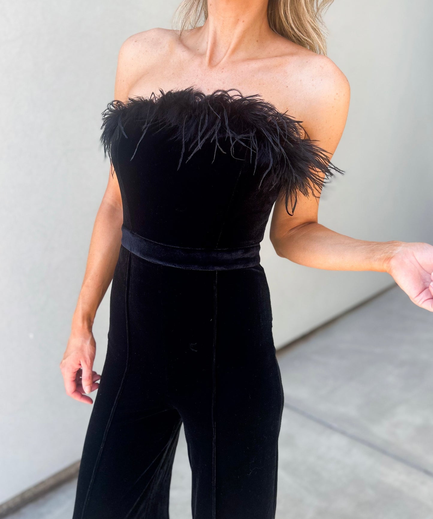 Feather Strapless Wide Leg Velvet Jumpsuit