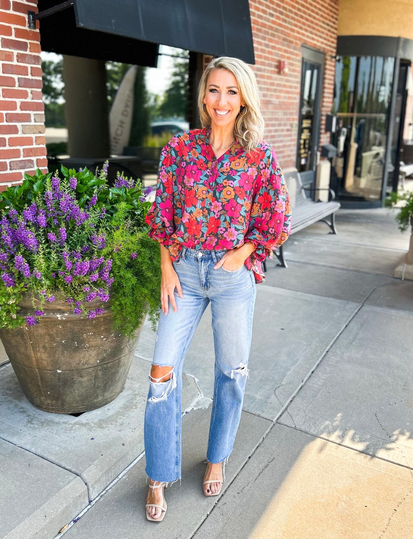 Mandy Bubble Sleeve Button Down Oversized Top (Multi)