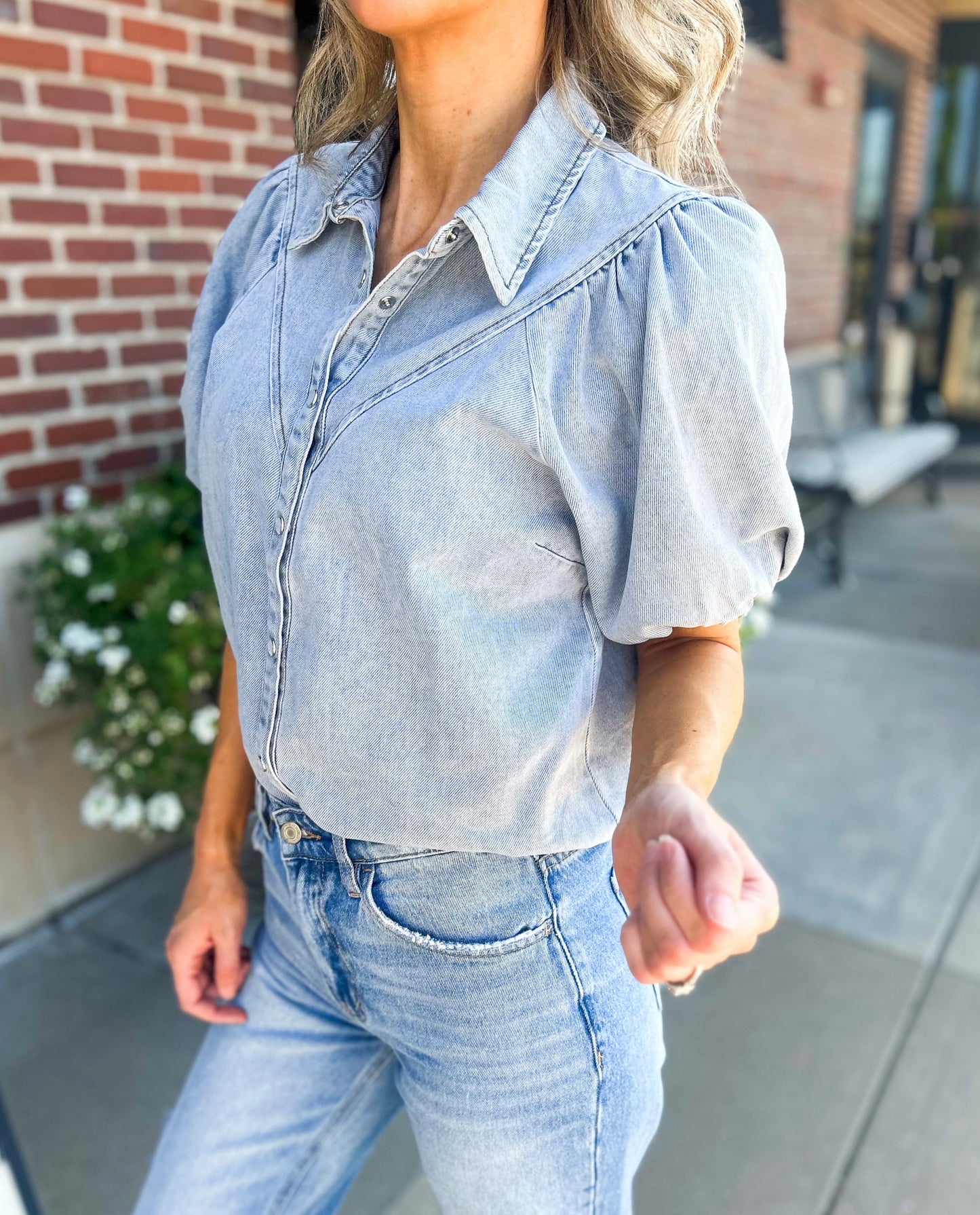 Kane Puff Sleeve Button Down Denim Top