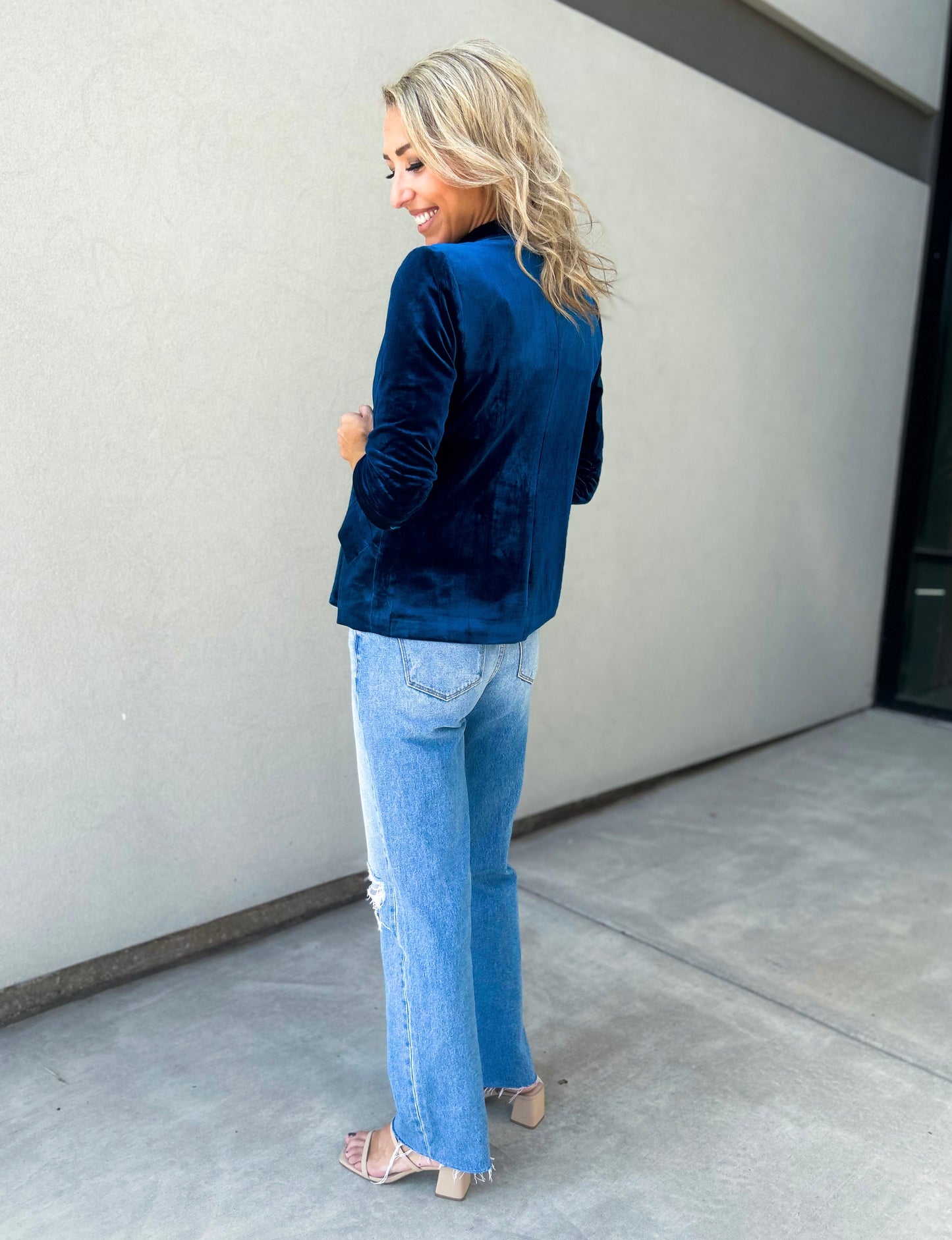 She Knows It Velvet Rouched Sleeve Blazer (Dark Teal Blue)