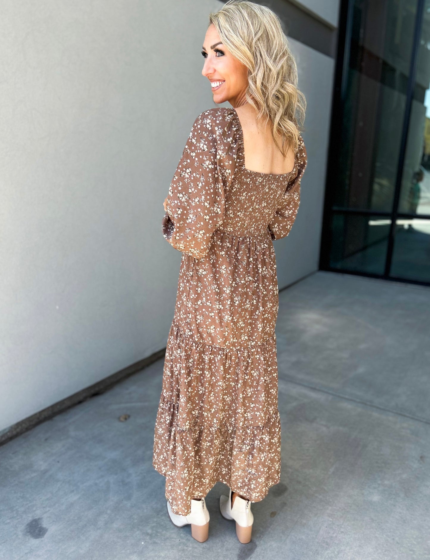 Romantic Floral Square Neck Smocked Chest Maxi Dress