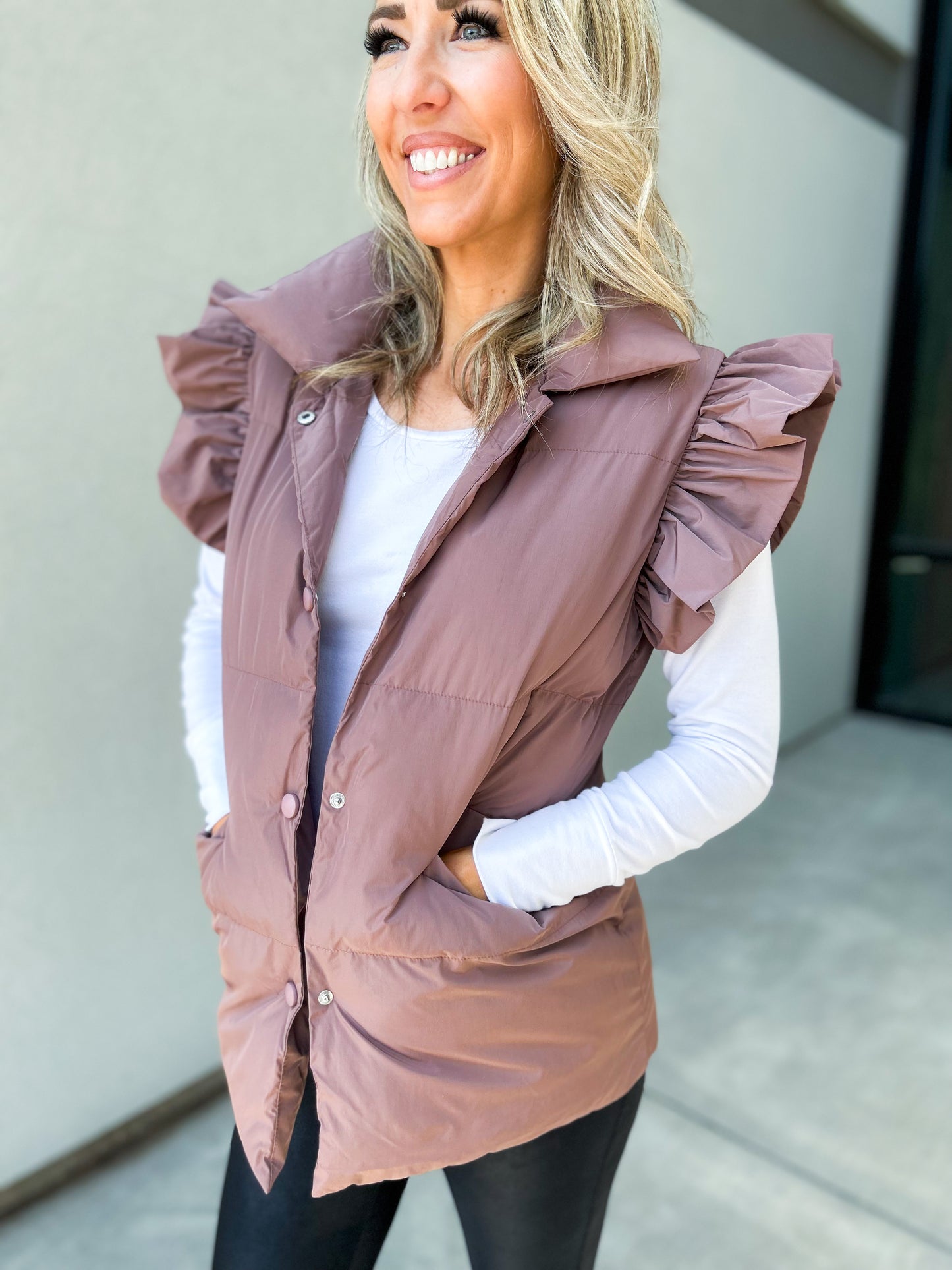 Remi Ruffle Sleeve Oversized Down Vest (Dark Mauve)