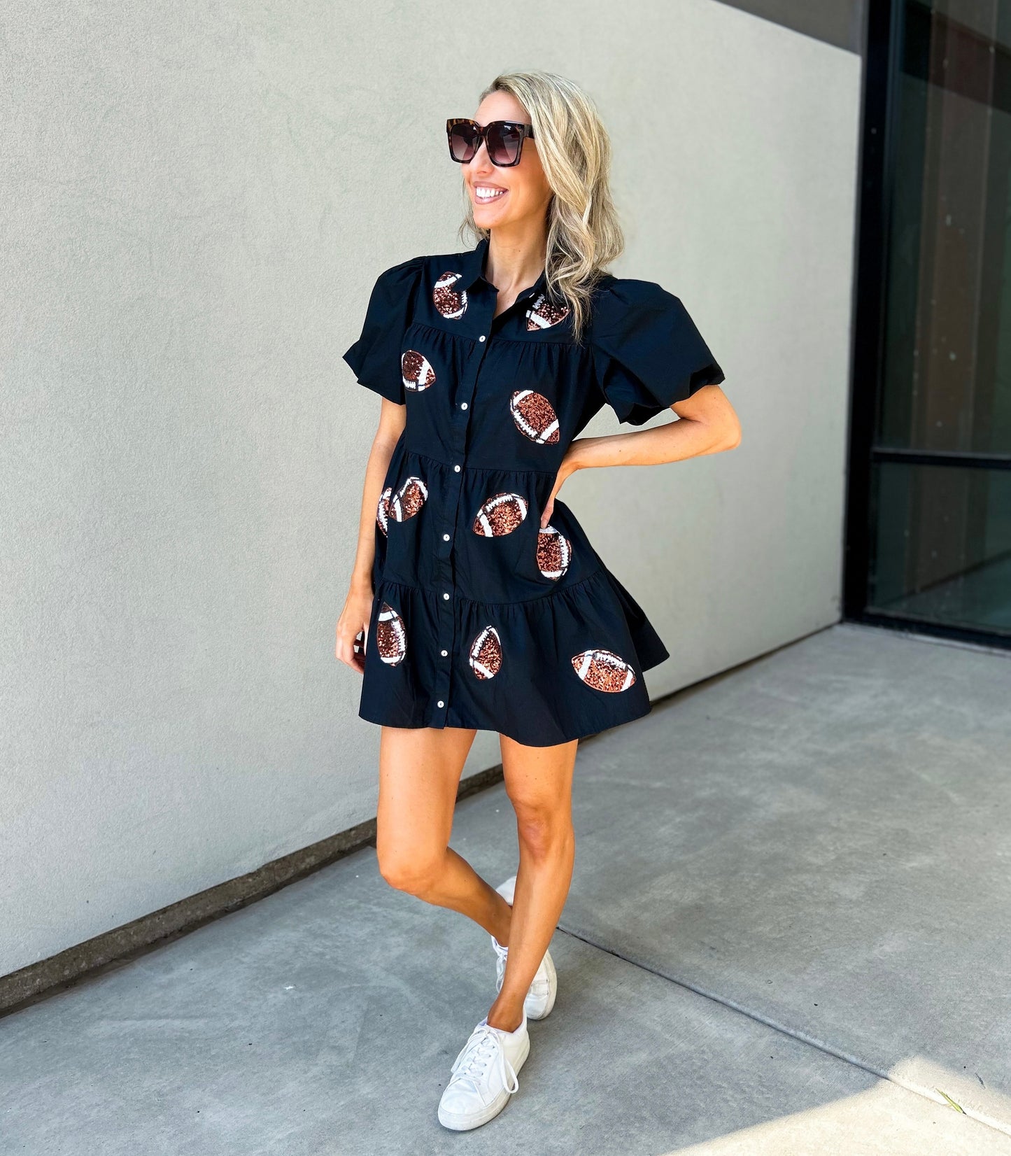 Sequin Football Button Down Tiered Dress