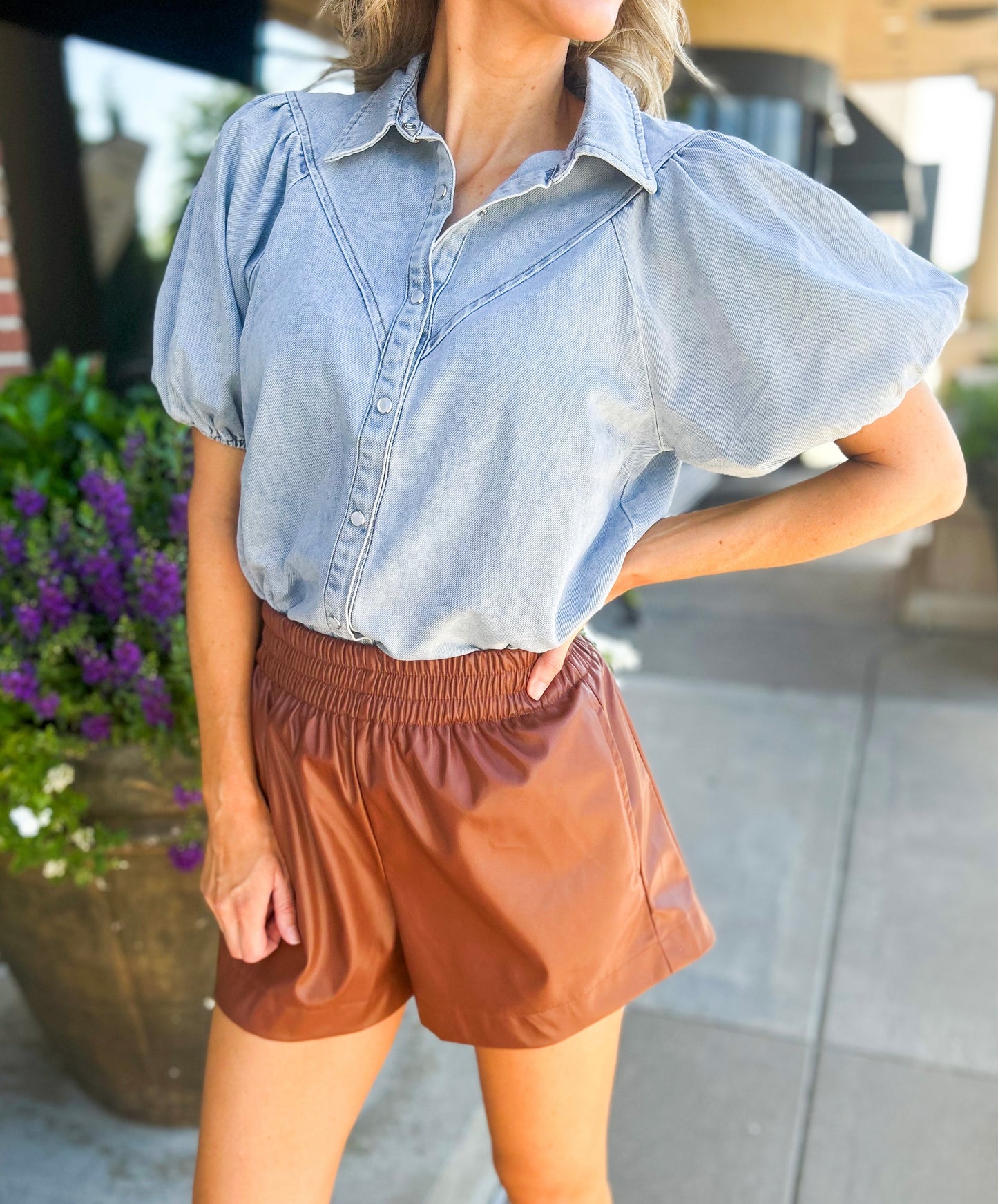 Kane Puff Sleeve Button Down Denim Top