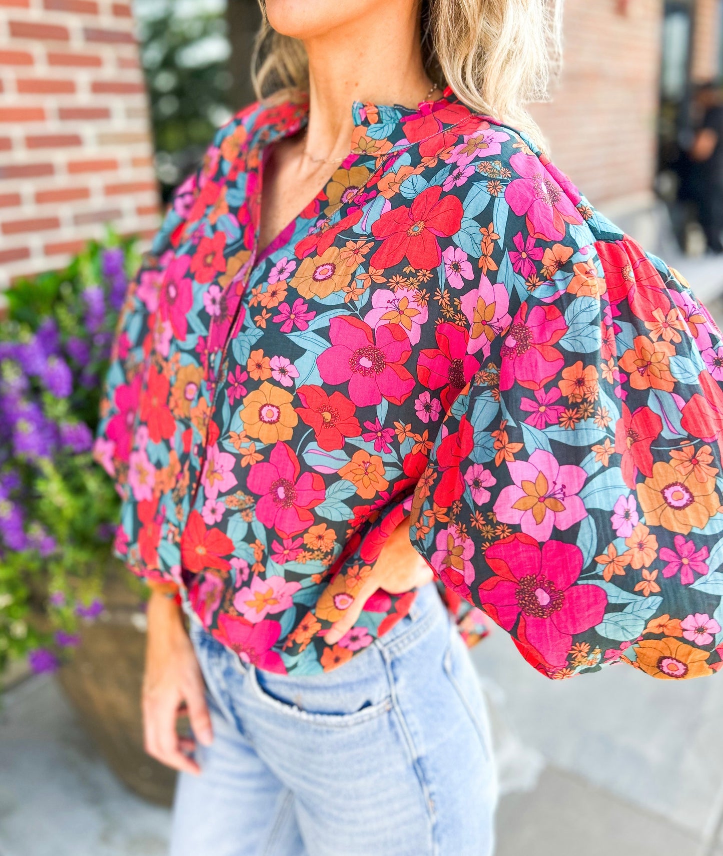 Mandy Bubble Sleeve Button Down Oversized Top (Multi)