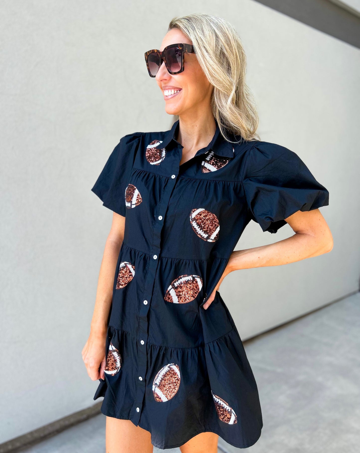 Sequin Football Button Down Tiered Dress