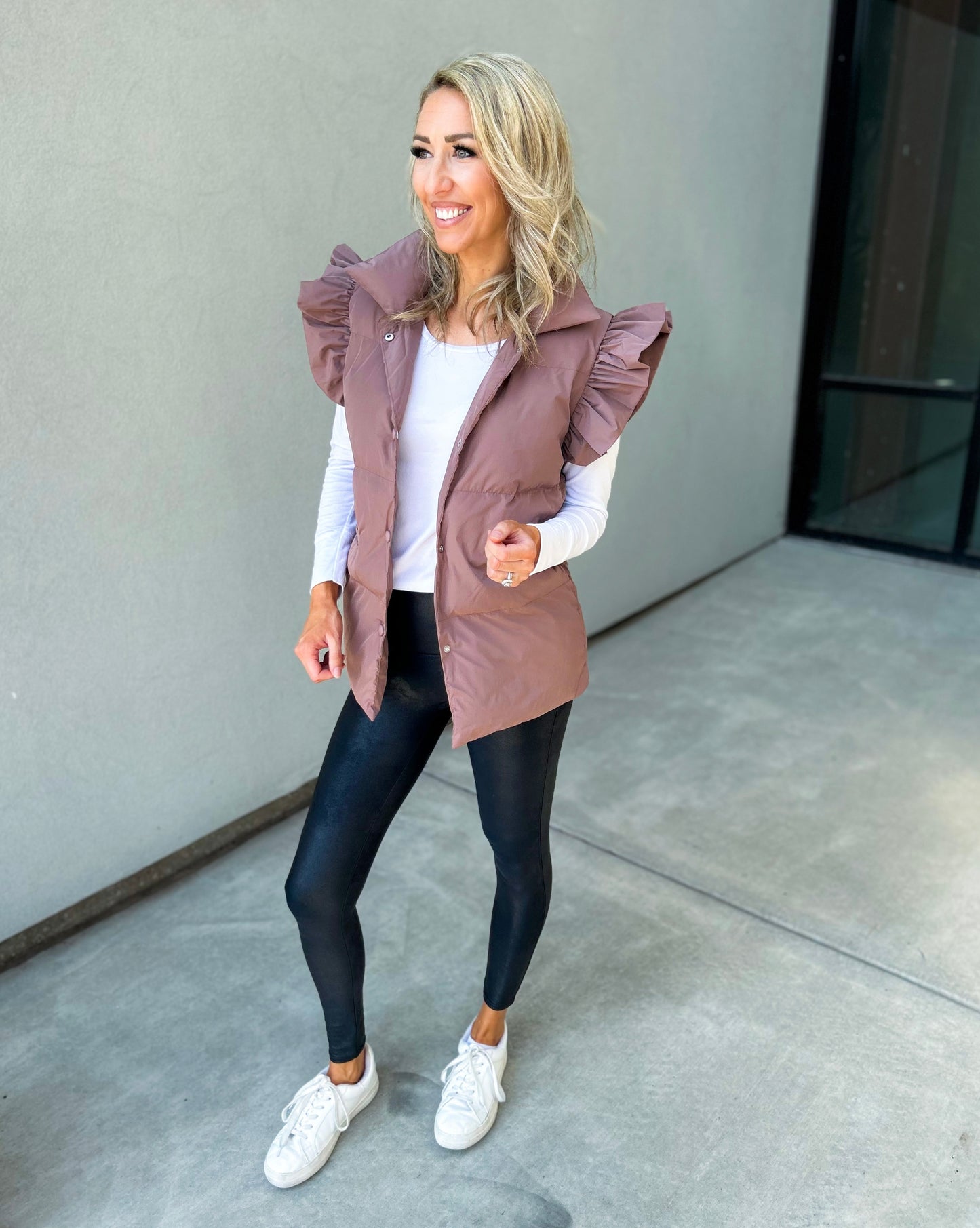 Remi Ruffle Sleeve Oversized Down Vest (Dark Mauve)
