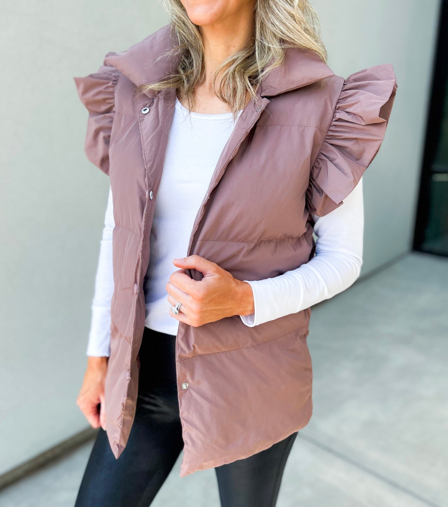 Remi Ruffle Sleeve Oversized Down Vest (Dark Mauve)