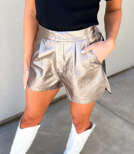 Julissa Metallic Faux Leather Elastic Waist Shorts (Gun Metal)