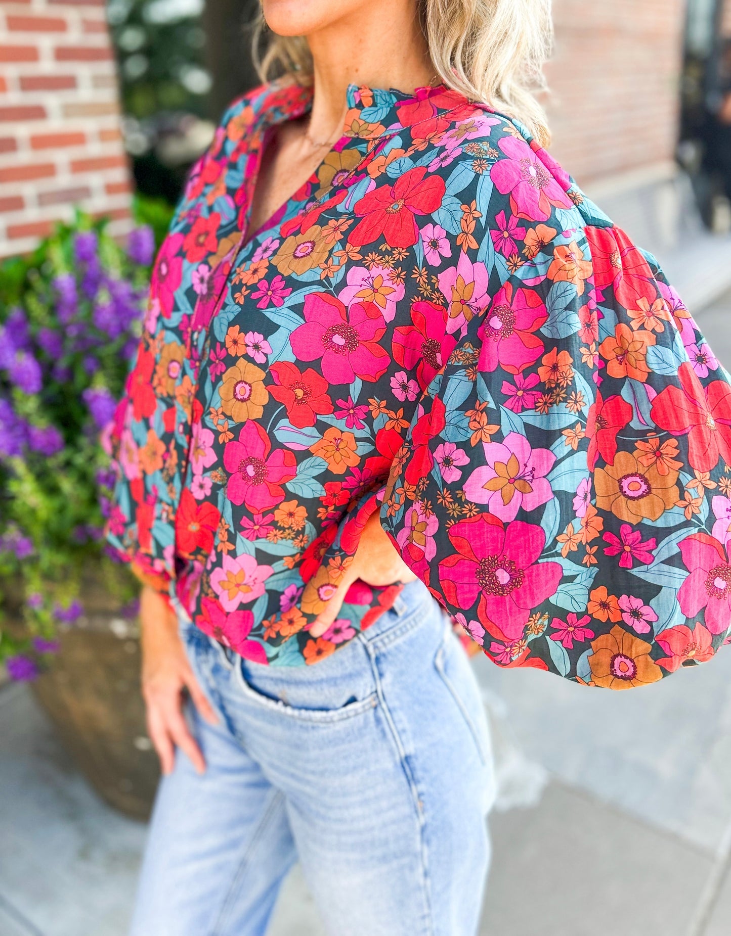 Mandy Bubble Sleeve Button Down Oversized Top (Multi)