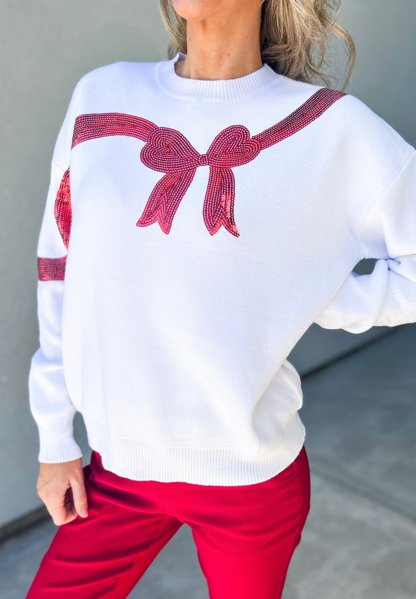 Gift Bow Sequin Trim Sweater