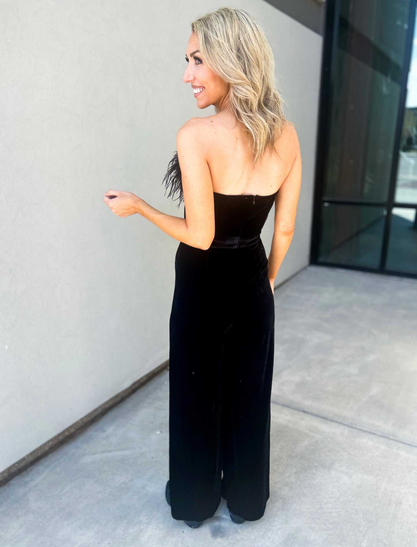 Feather Strapless Wide Leg Velvet Jumpsuit