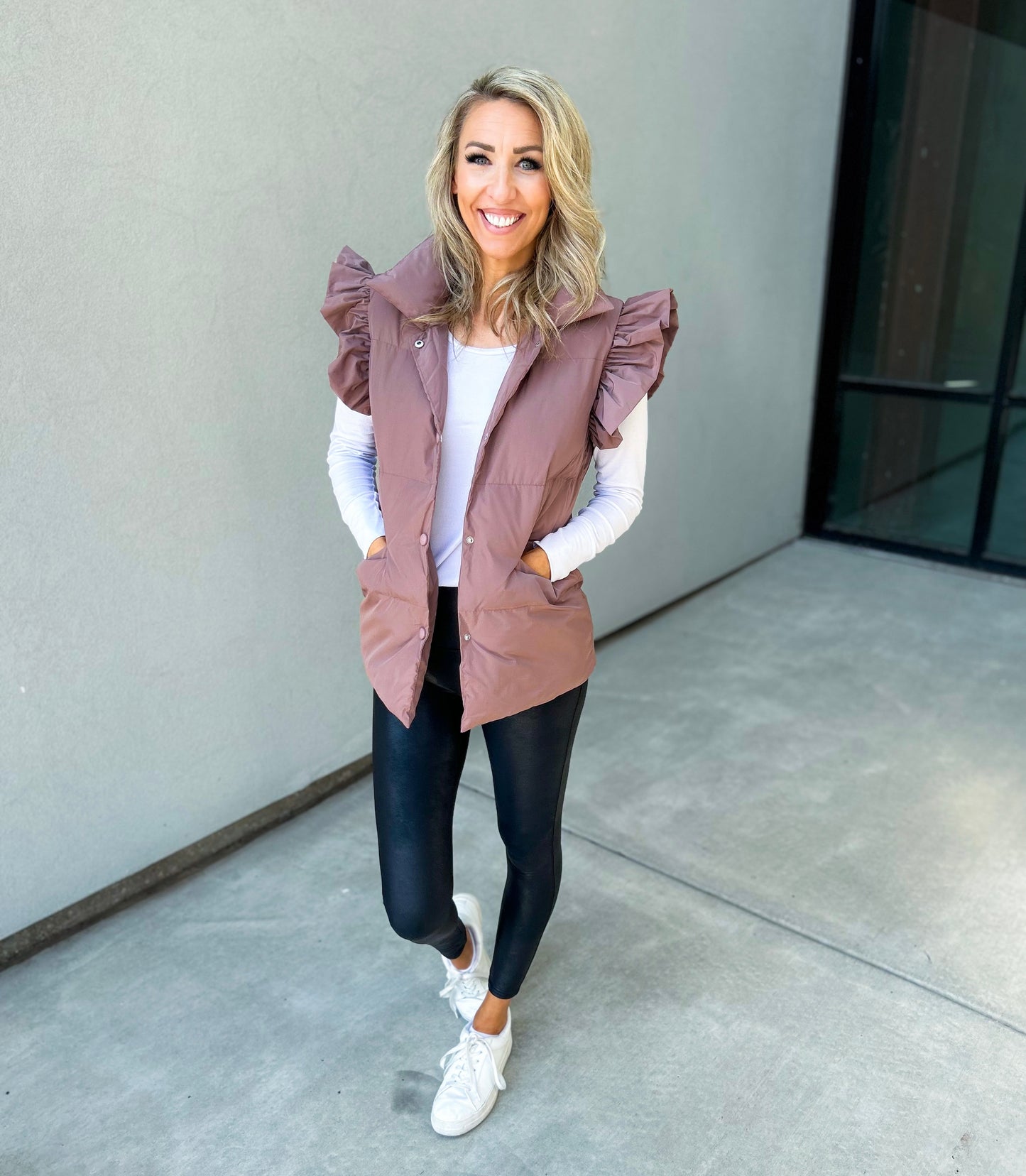 Remi Ruffle Sleeve Oversized Down Vest (Dark Mauve)