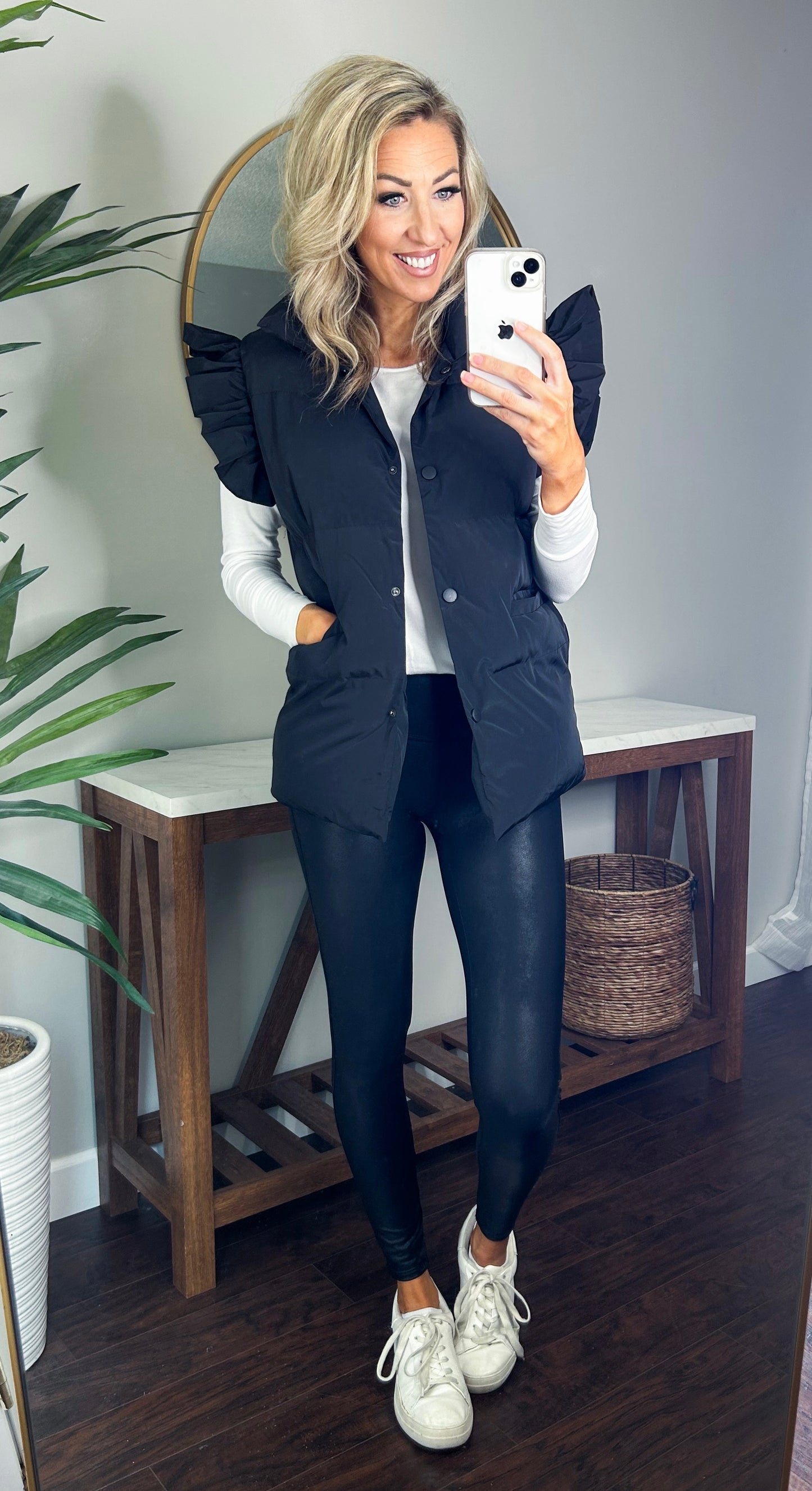 Remi Ruffle Sleeve Oversized Down Vest (Black)