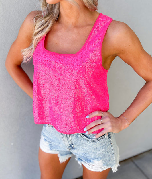 Kels Sequin Cropped Tank Top (Hot Pink)