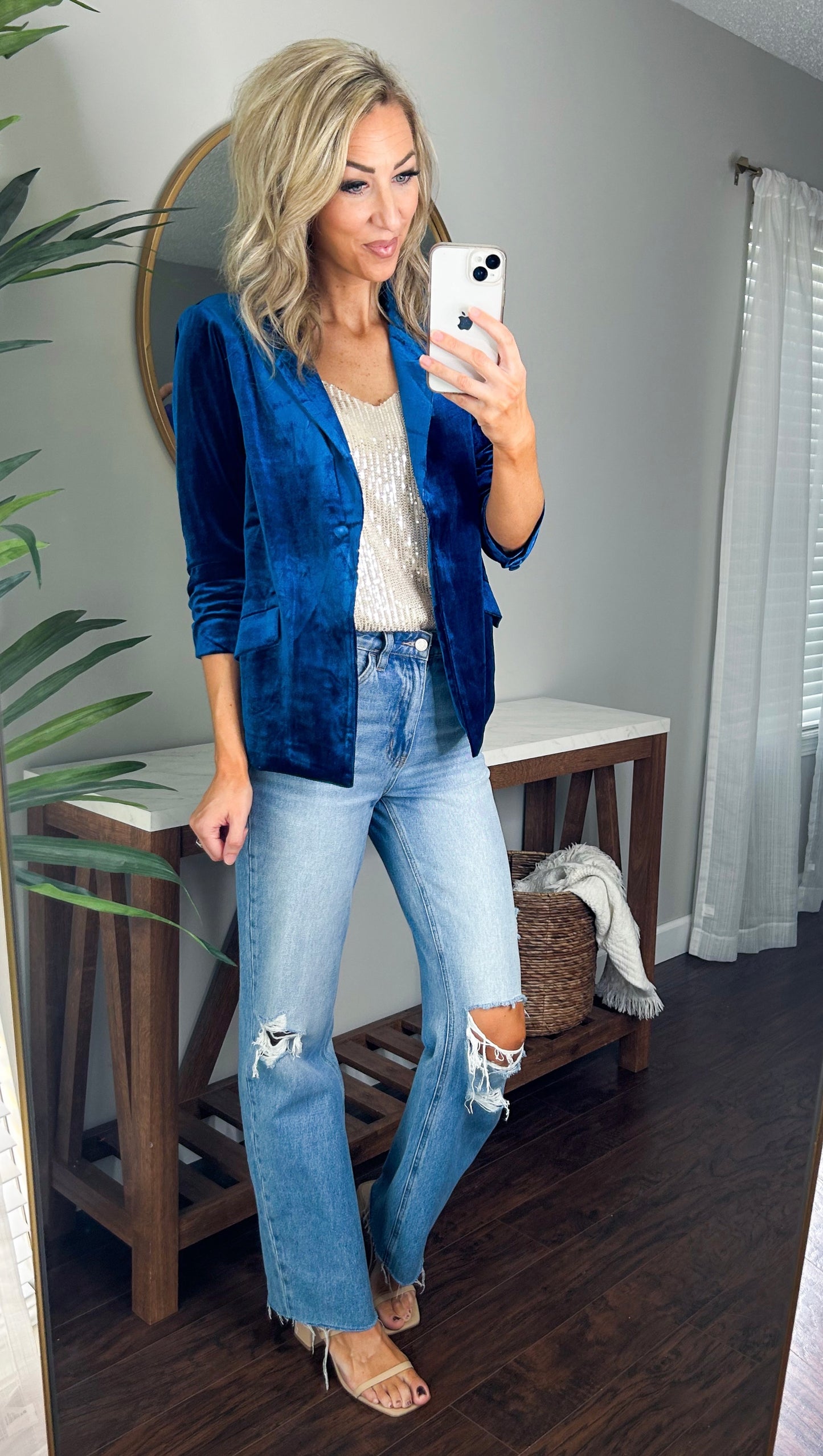 She Knows It Velvet Rouched Sleeve Blazer (Dark Teal Blue)
