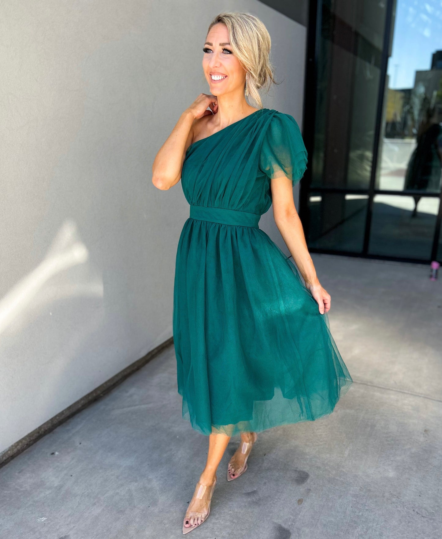 Jaylynn One Shoulder Tulle Midi Dress