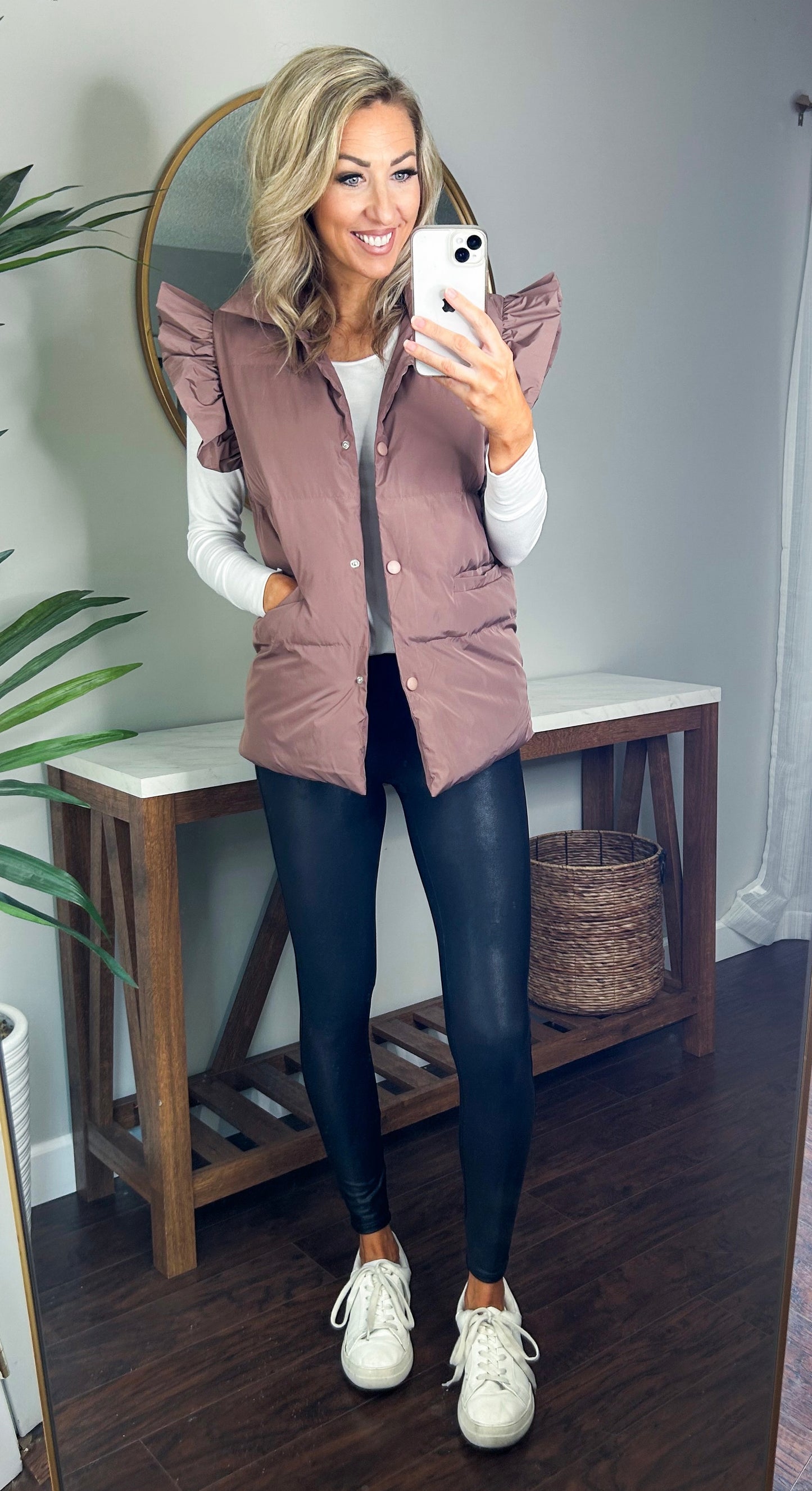 Remi Ruffle Sleeve Oversized Down Vest (Dark Mauve)