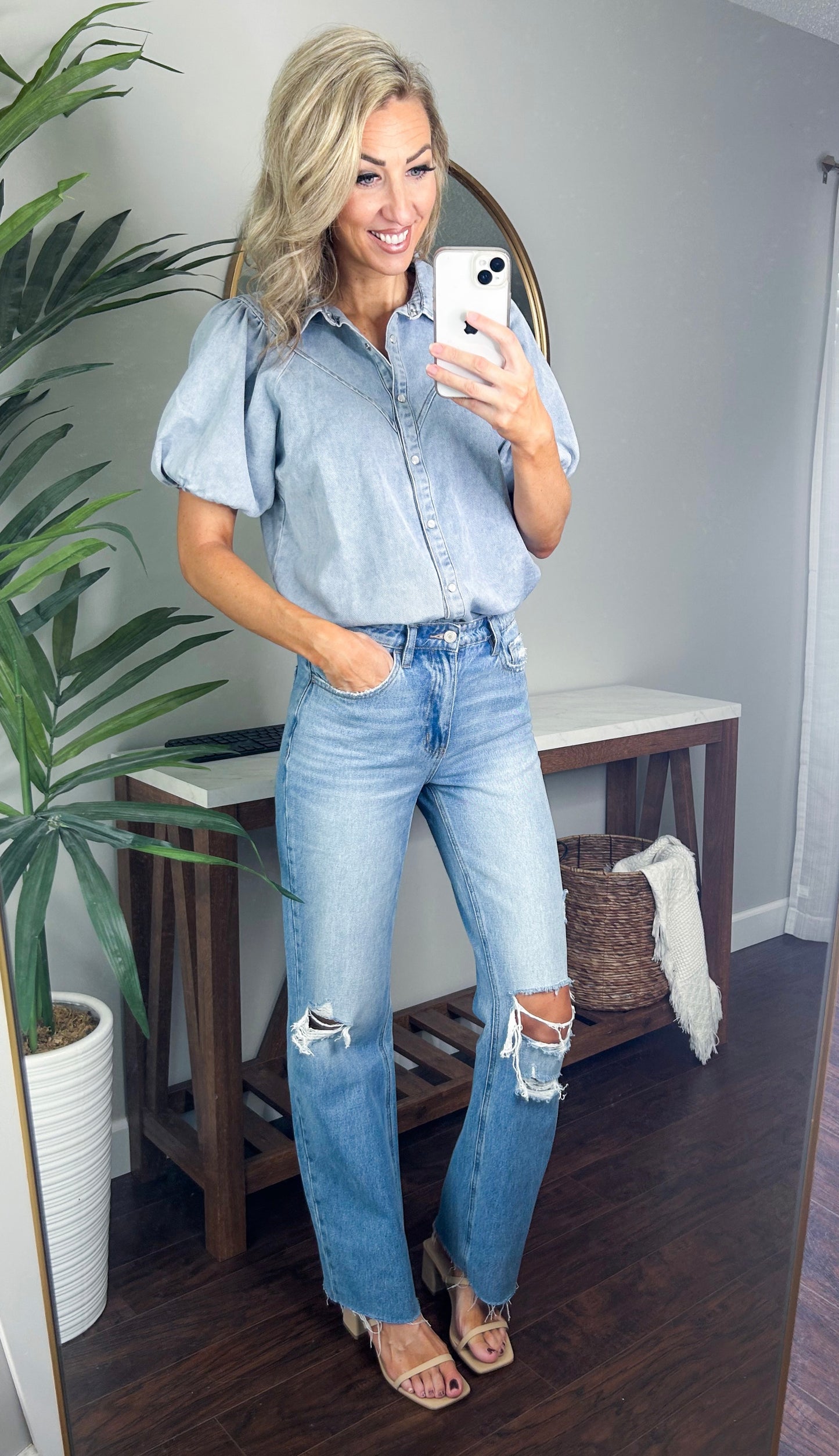 Kane Puff Sleeve Button Down Denim Top