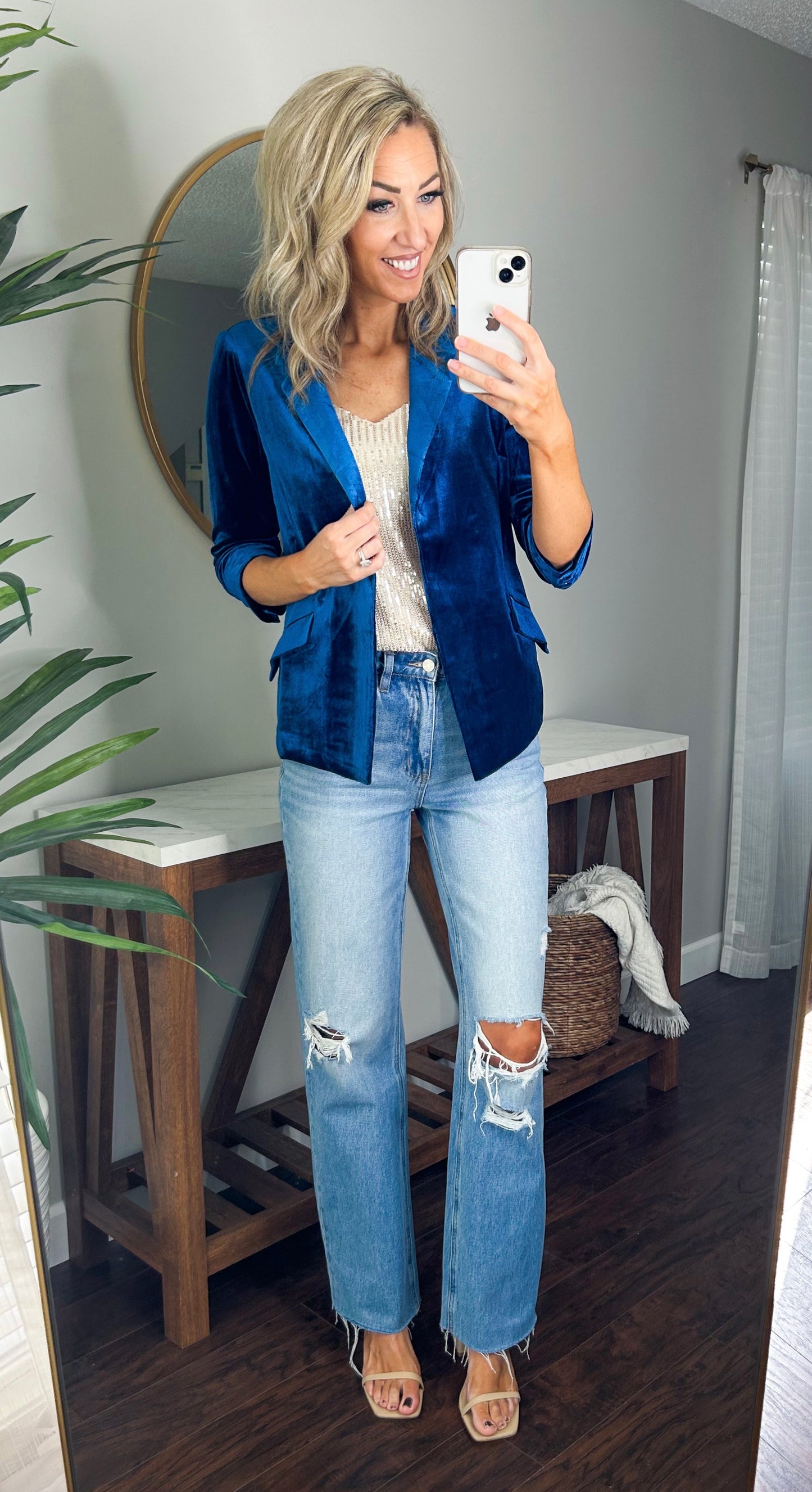 She Knows It Velvet Rouched Sleeve Blazer (Dark Teal Blue)