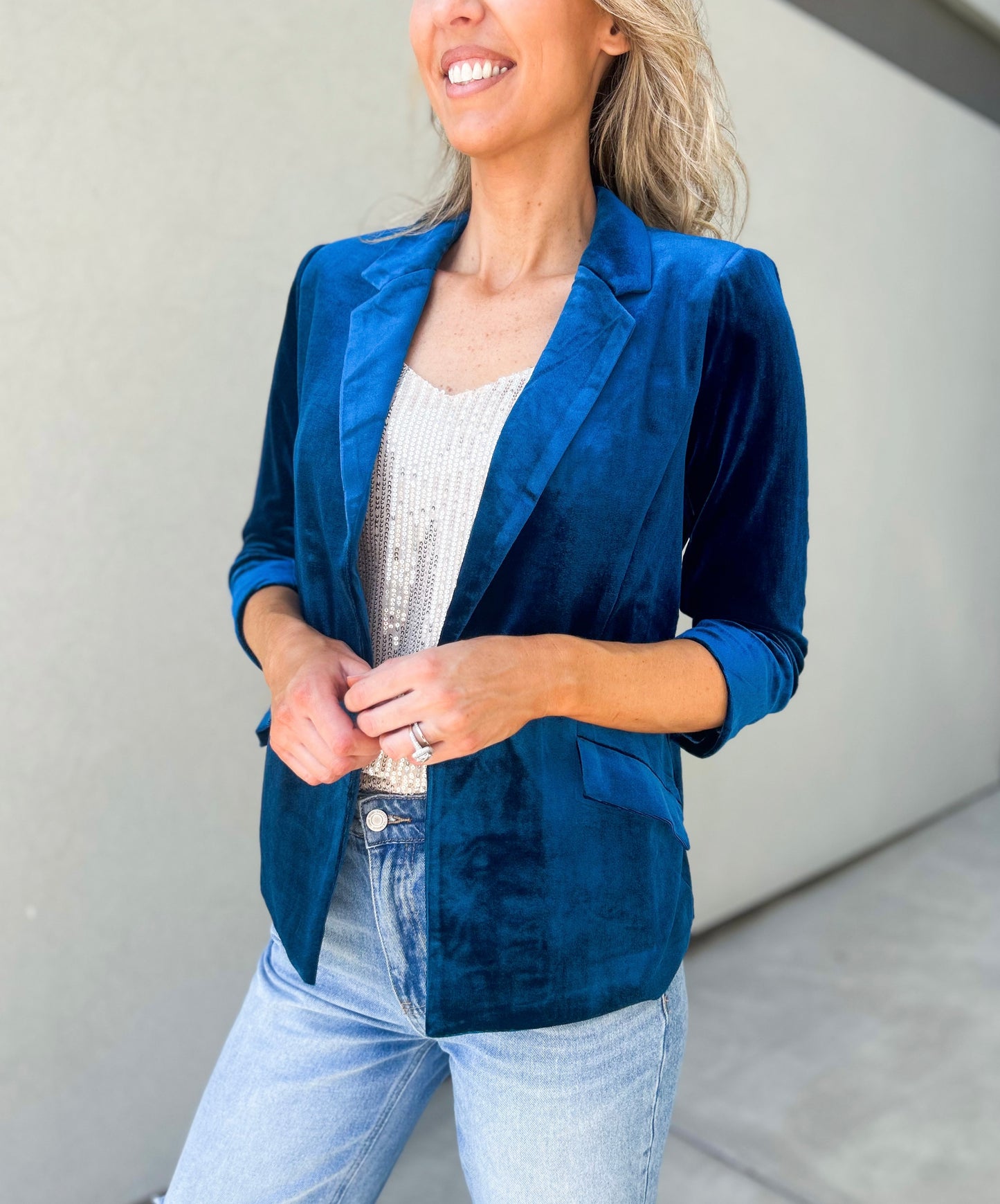 She Knows It Velvet Rouched Sleeve Blazer (Dark Teal Blue)