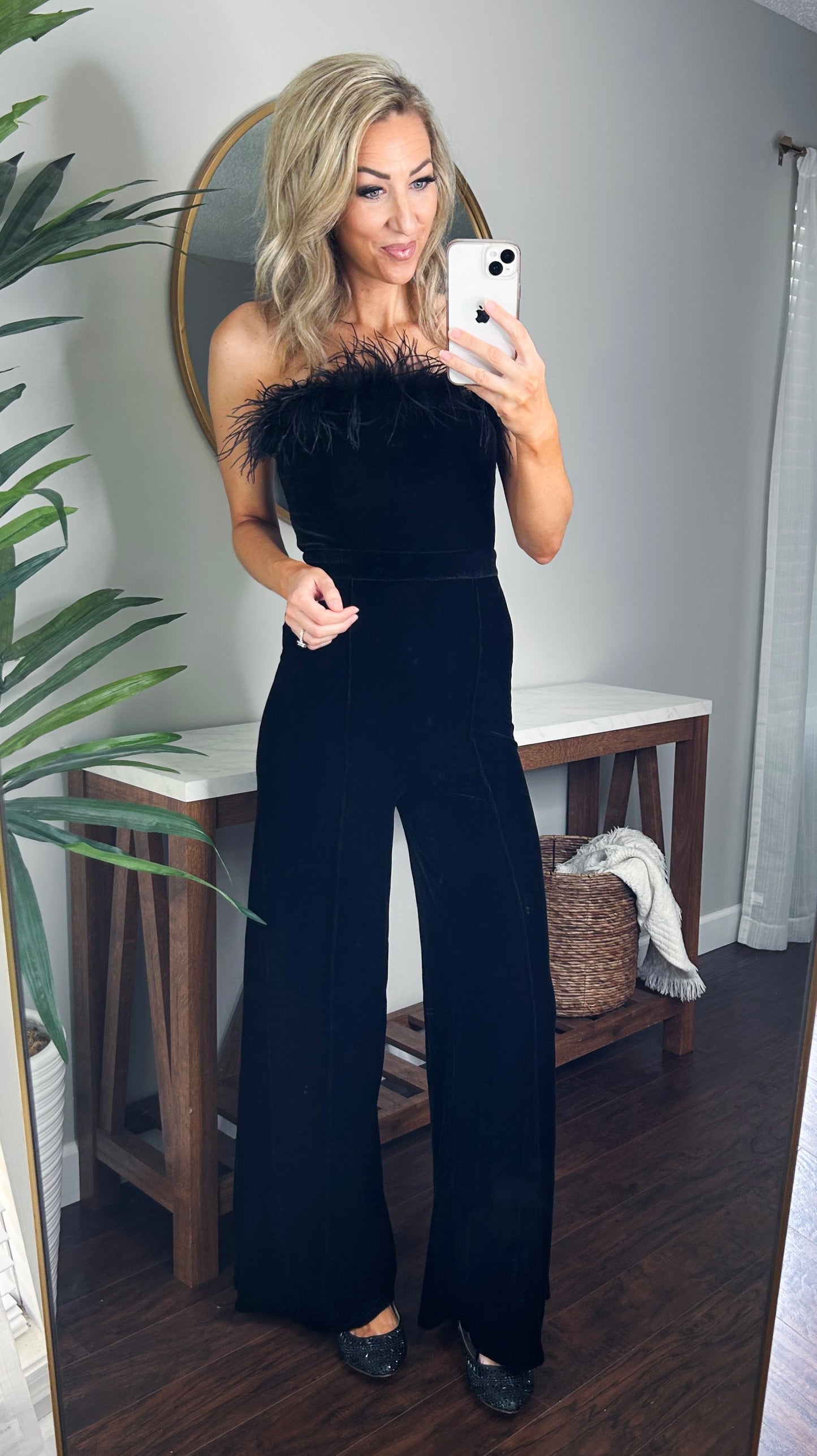 Feather Strapless Wide Leg Velvet Jumpsuit