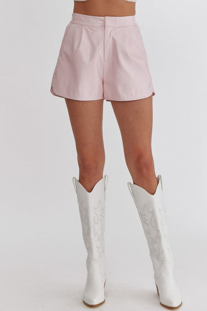 Julissa Metallic Faux Leather Elastic Waist Shorts (Light Pink)