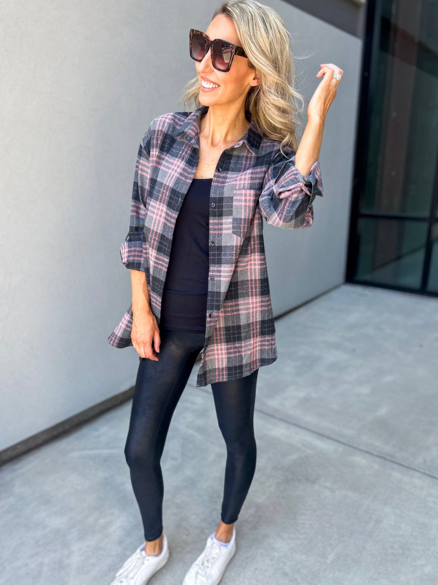Allery Long Oversized Plaid Flannel Button Up Top (Black)