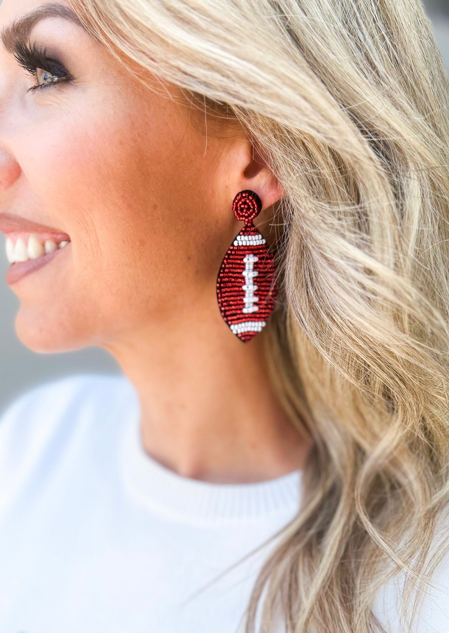 Beaded Football Drop Earrings (Red)