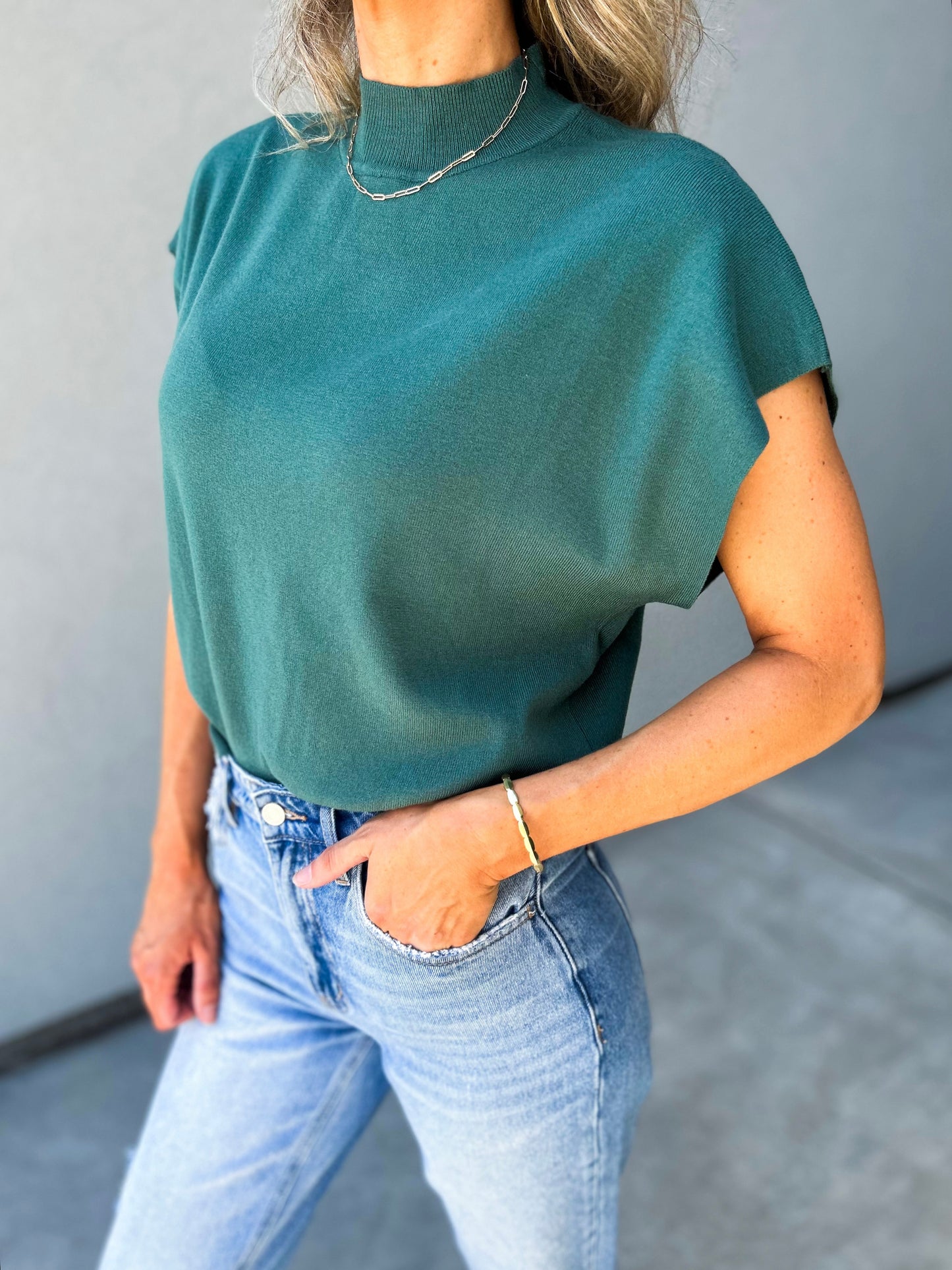 Sadei Mock Neck Short Sleeve Sweater Top (Teal)