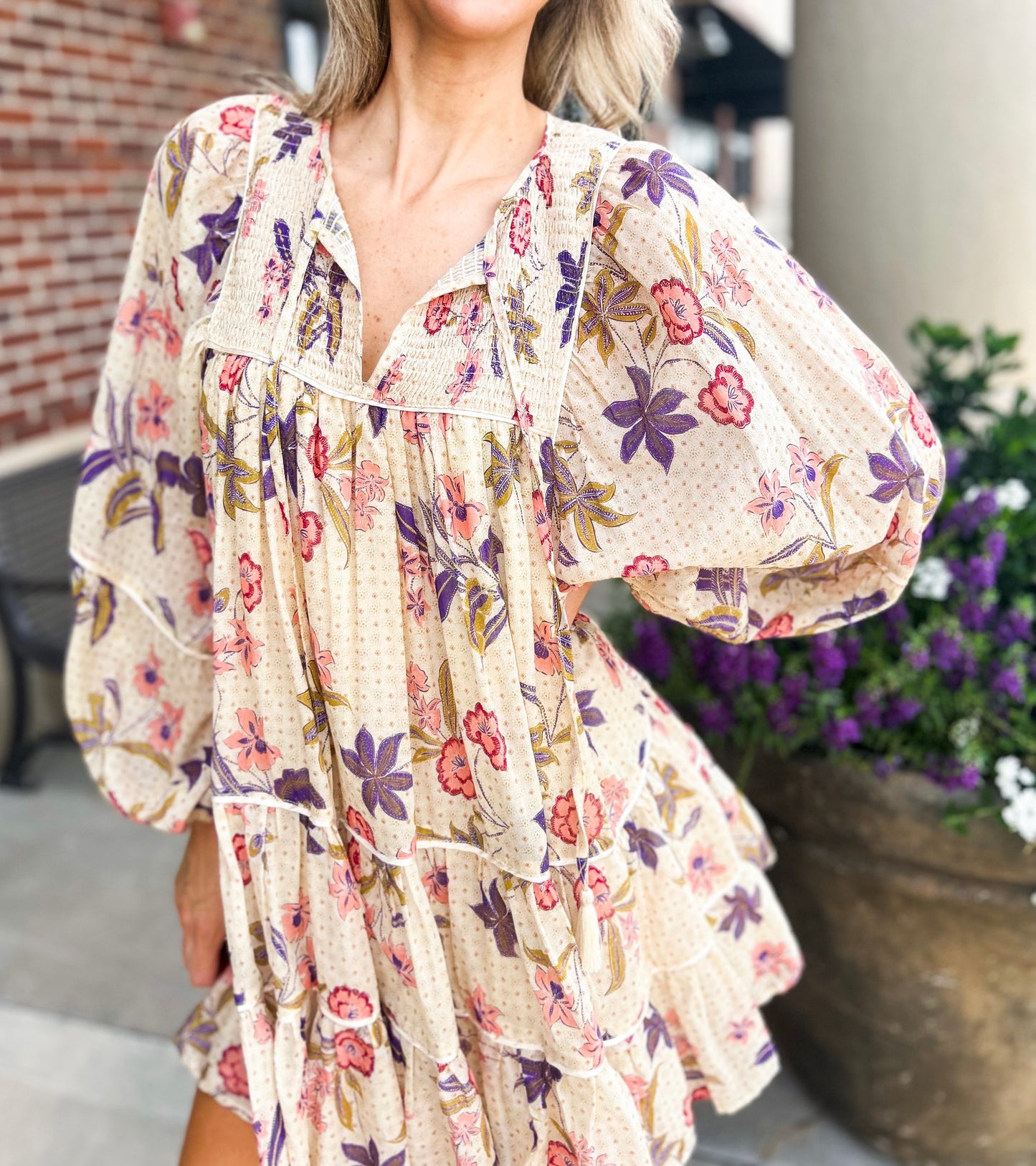 Golden Floral Tiered Mini Dress