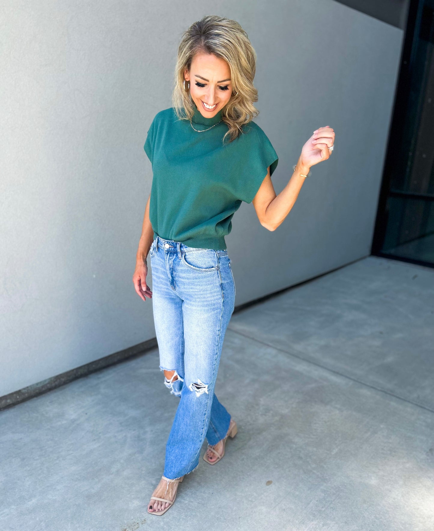 Sadei Mock Neck Short Sleeve Sweater Top (Teal)