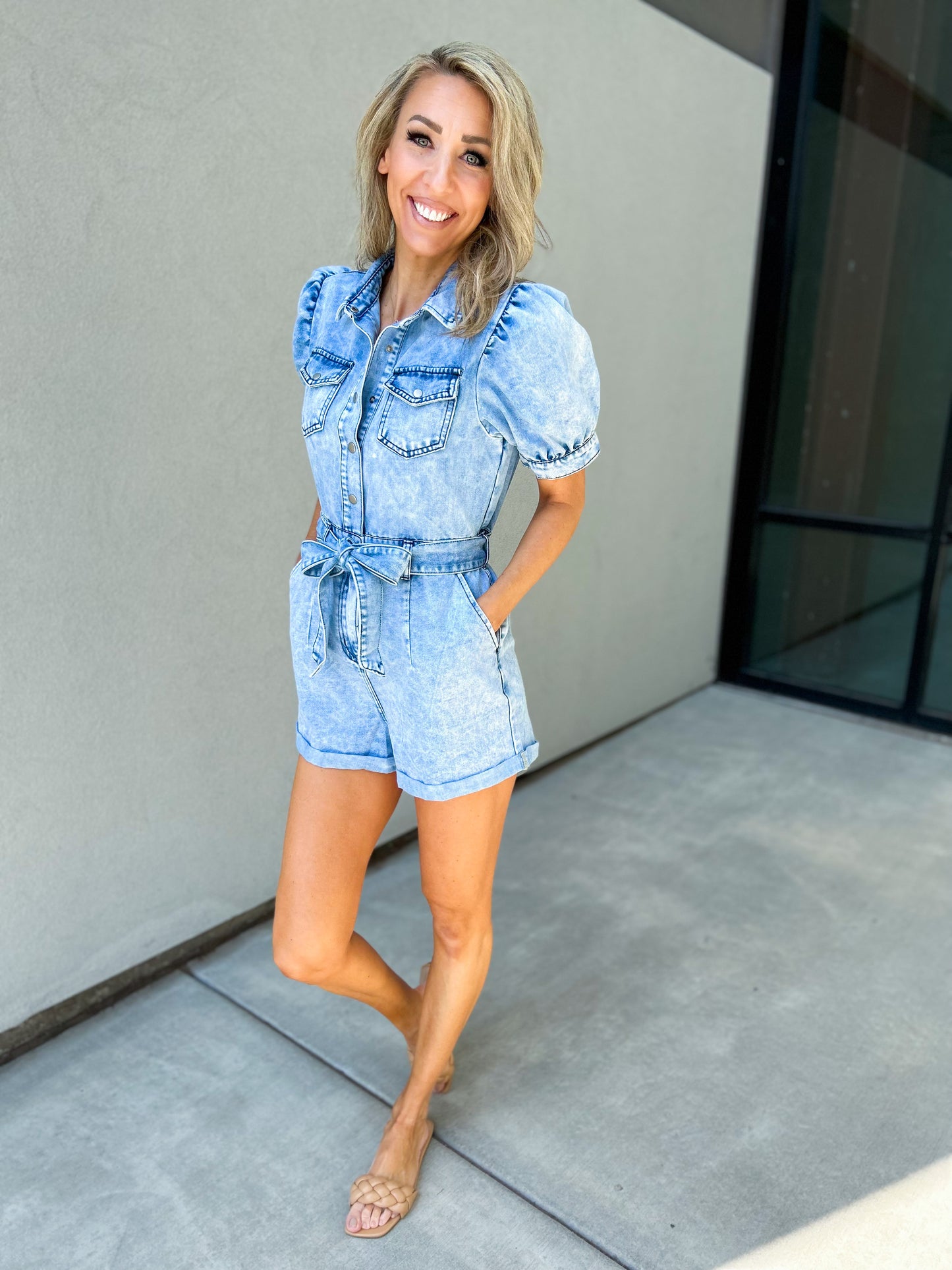 Hazel Puff Sleeve Denim Romper
